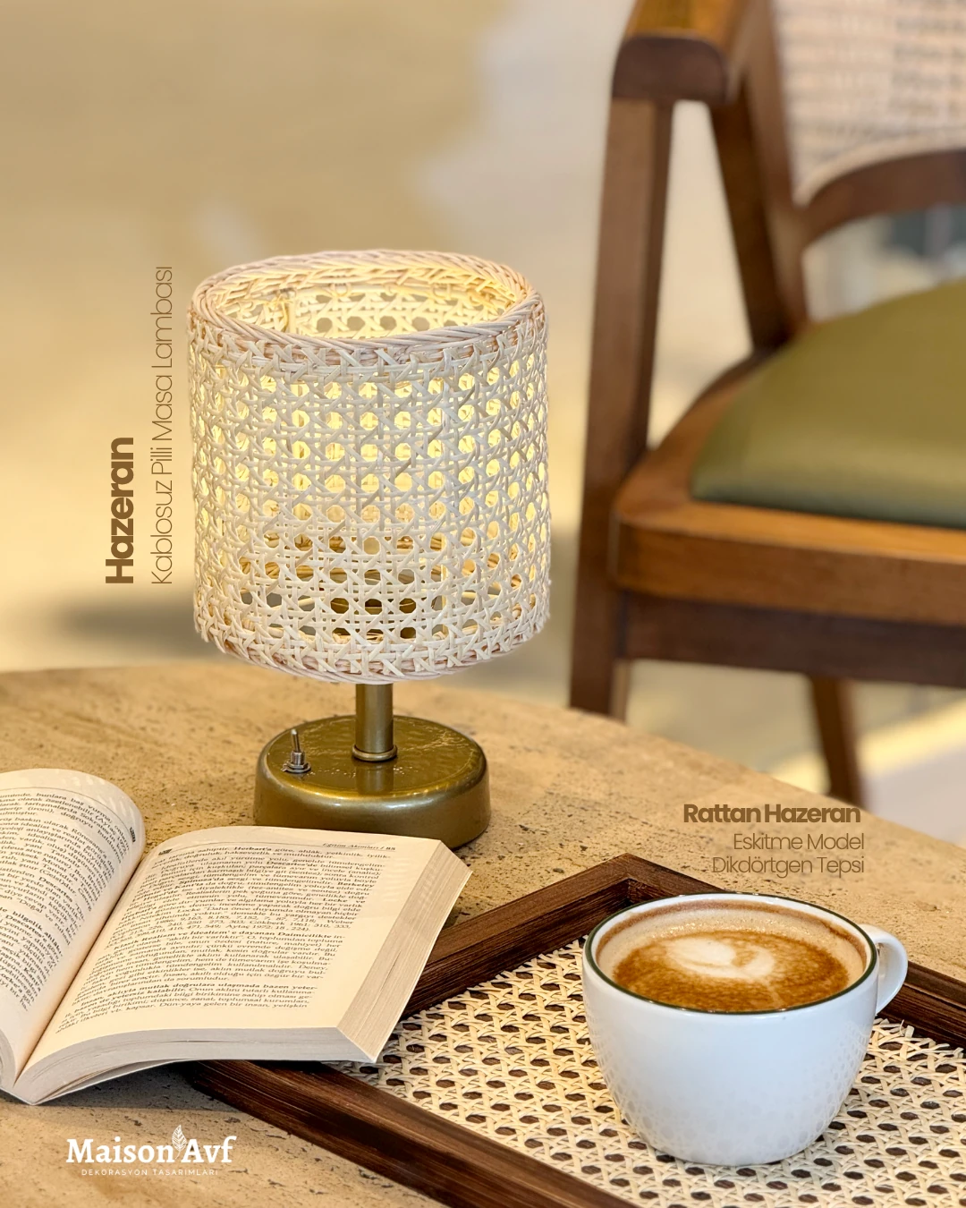 2'li Set Hazeran & Rattan Kablosuz Masa Lambası & Hazeran Tepsi Eskitme Dikdörtgen