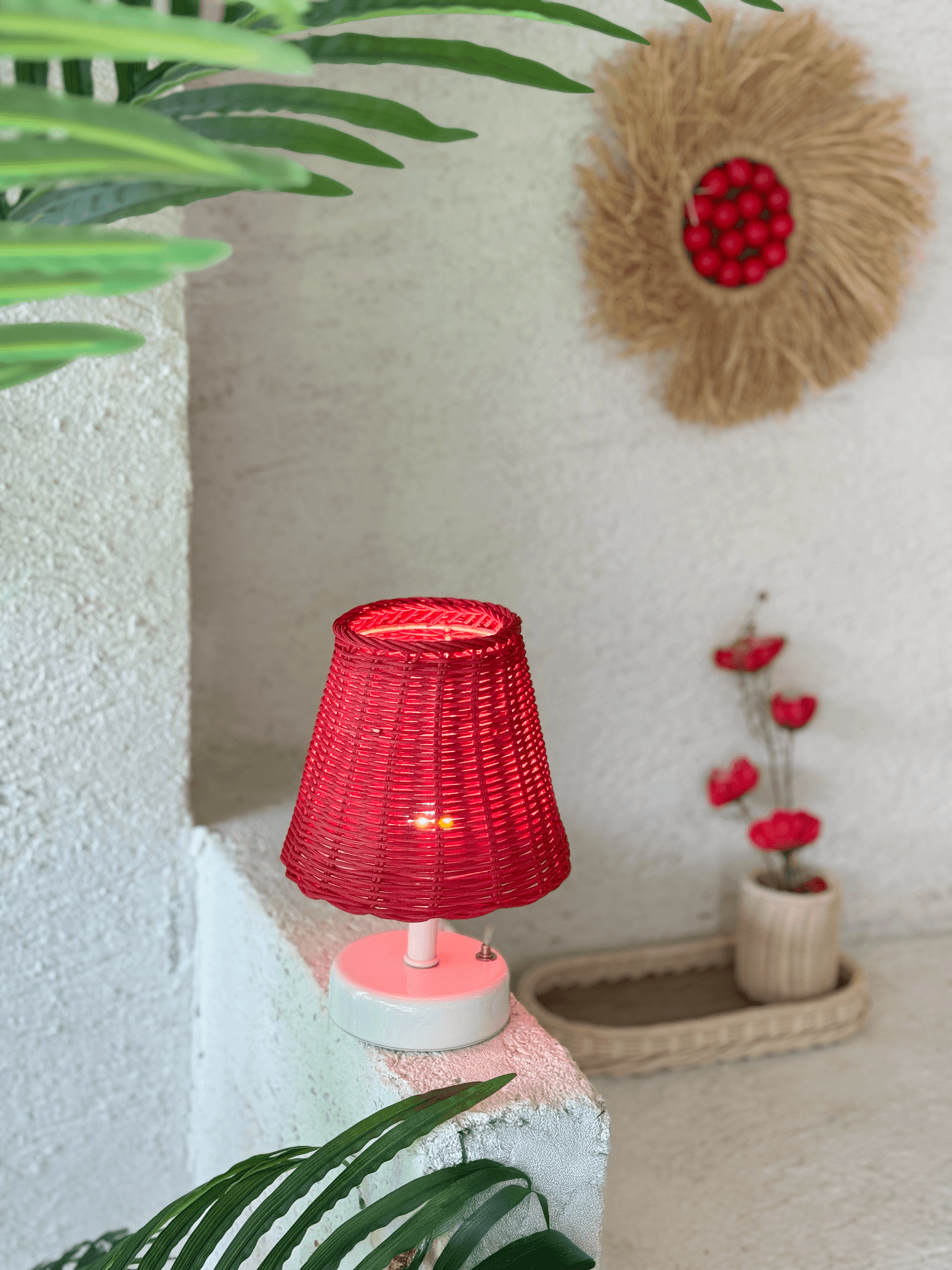 Red Rattan & Bamboo Tabletop Wireless Battery Table Lamp
