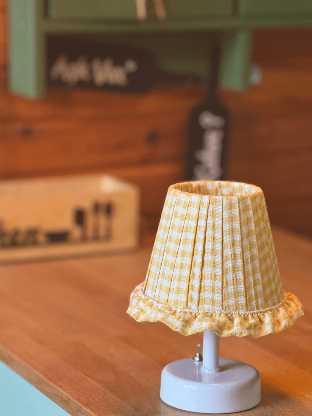 Yellow Checkered Fabric White Base Wireless Night Table Lamp