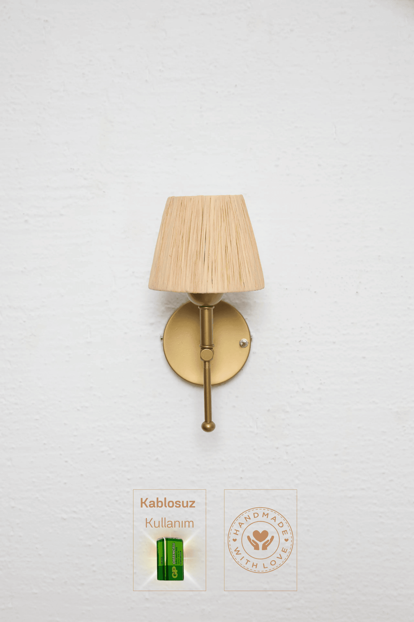 Bohemian Wicker Raffia Fringeless Handmade Tumbled Gold Led Sconce