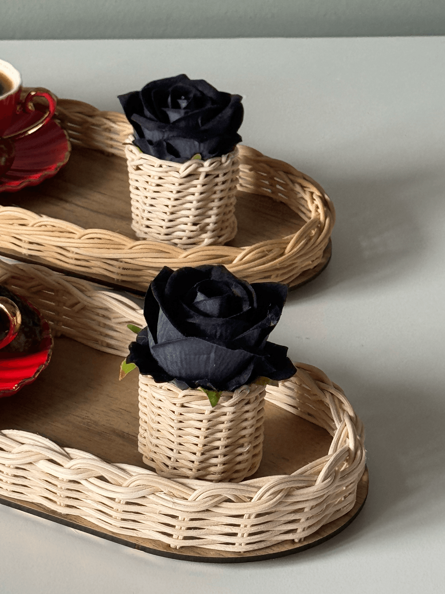 Rattan Organizer & Rattan Rose Serving Set