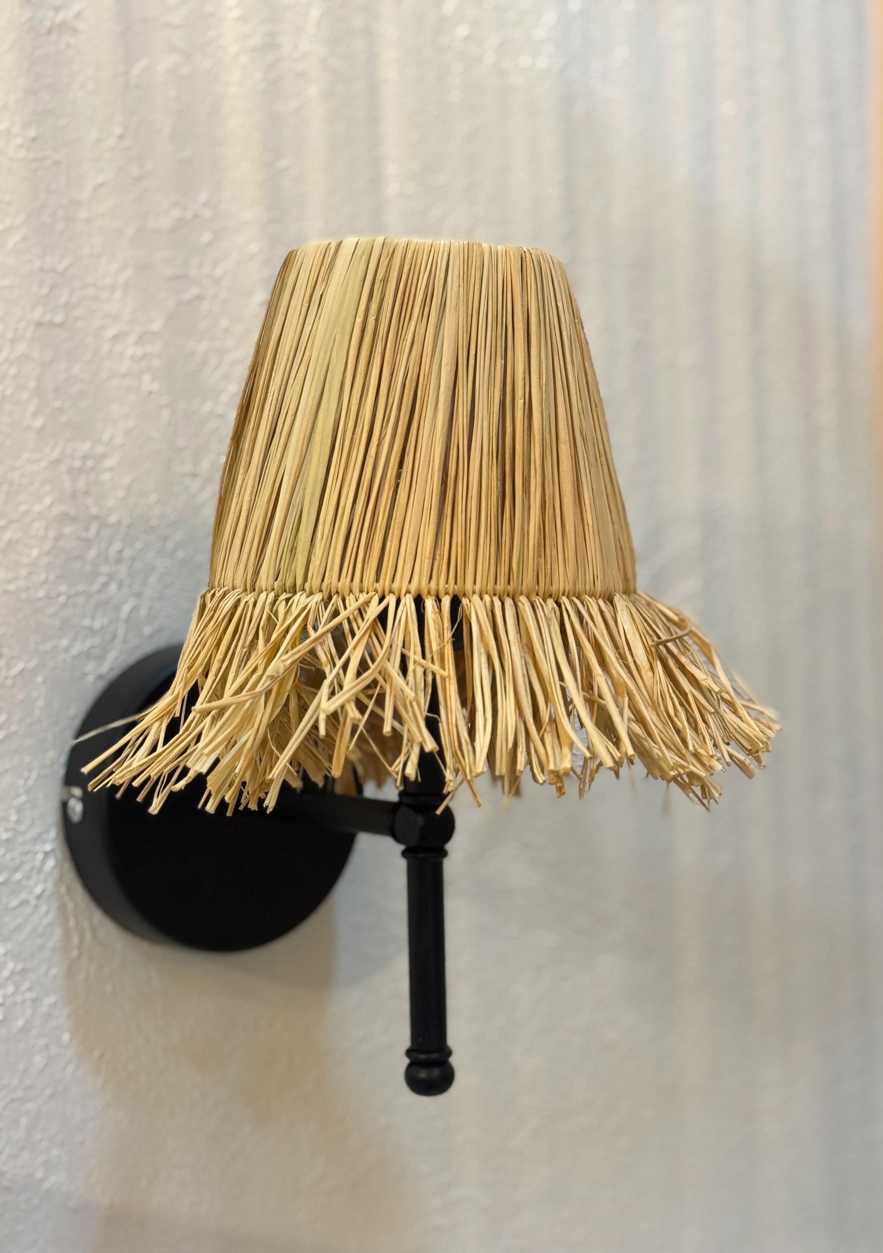 Rafya Saçaklı Bohem Hasır Kablolu Duvar Aydınlatması Aplik - Alt Siyah