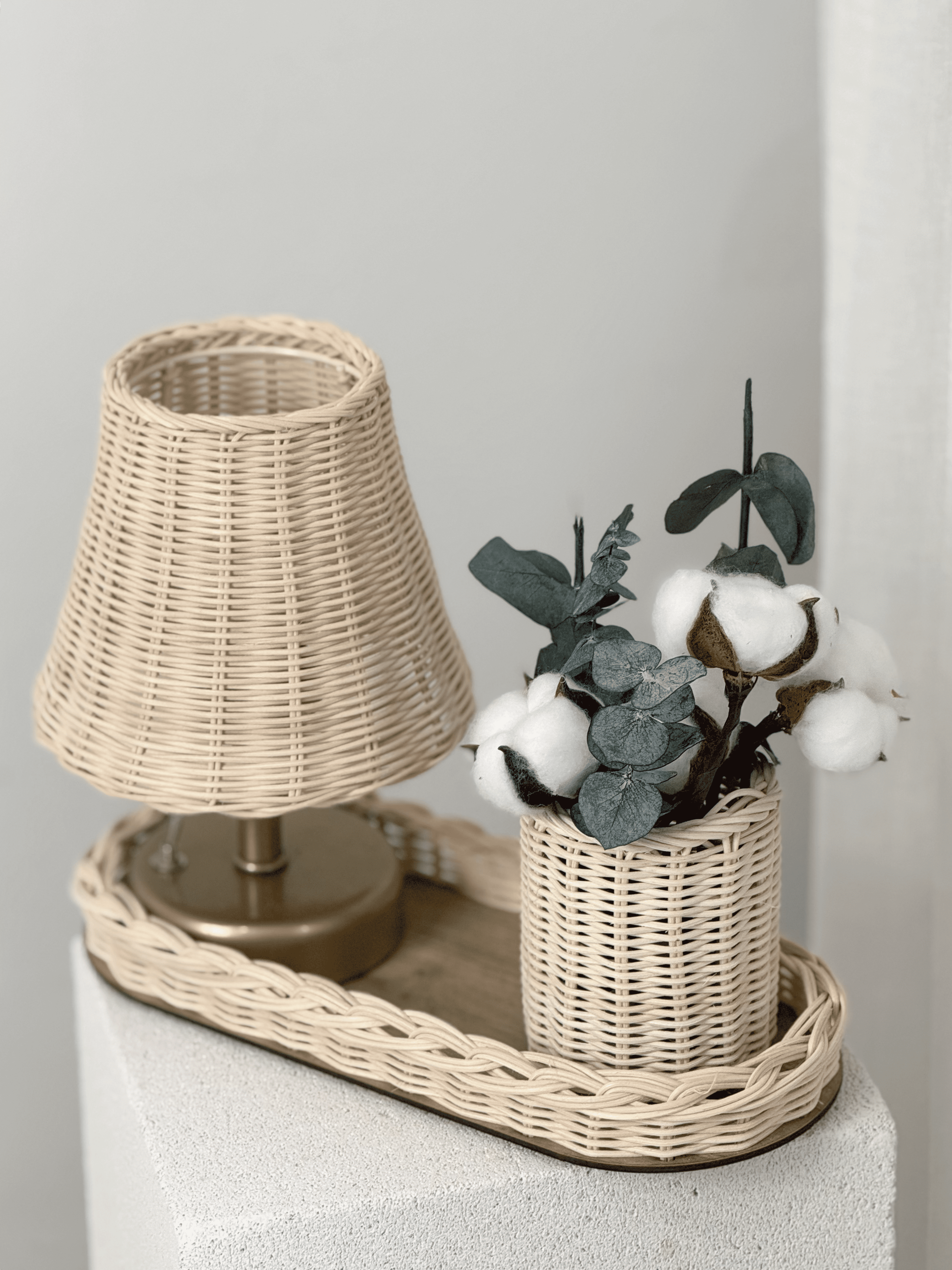 4'lü Rattan Set Kablosuz Masa Lambası - Eskitme Gold, Düzenleyici, Mini Vazo, Pamuk