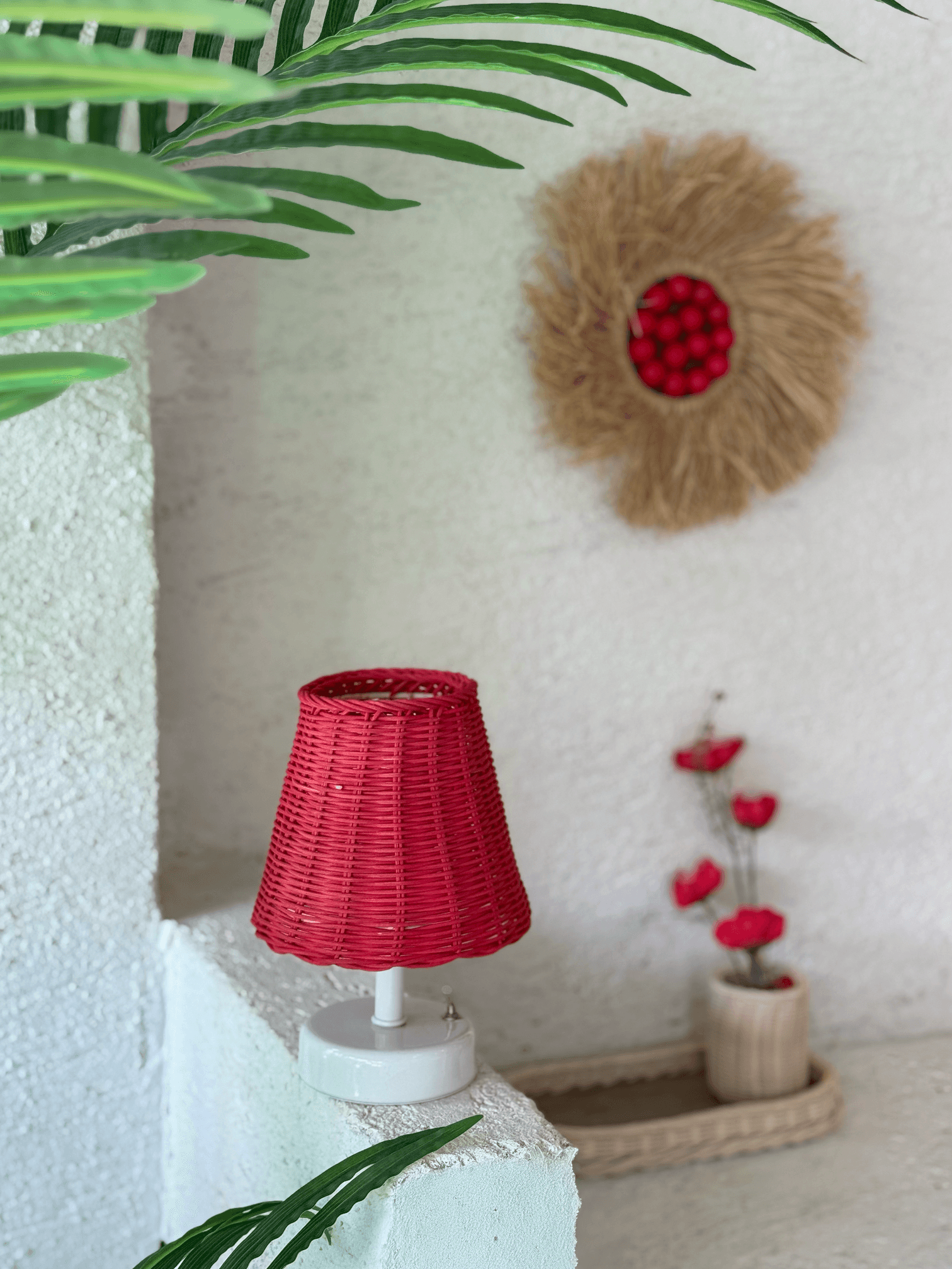 Red Rattan & Bamboo Tabletop Wireless Battery Table Lamp