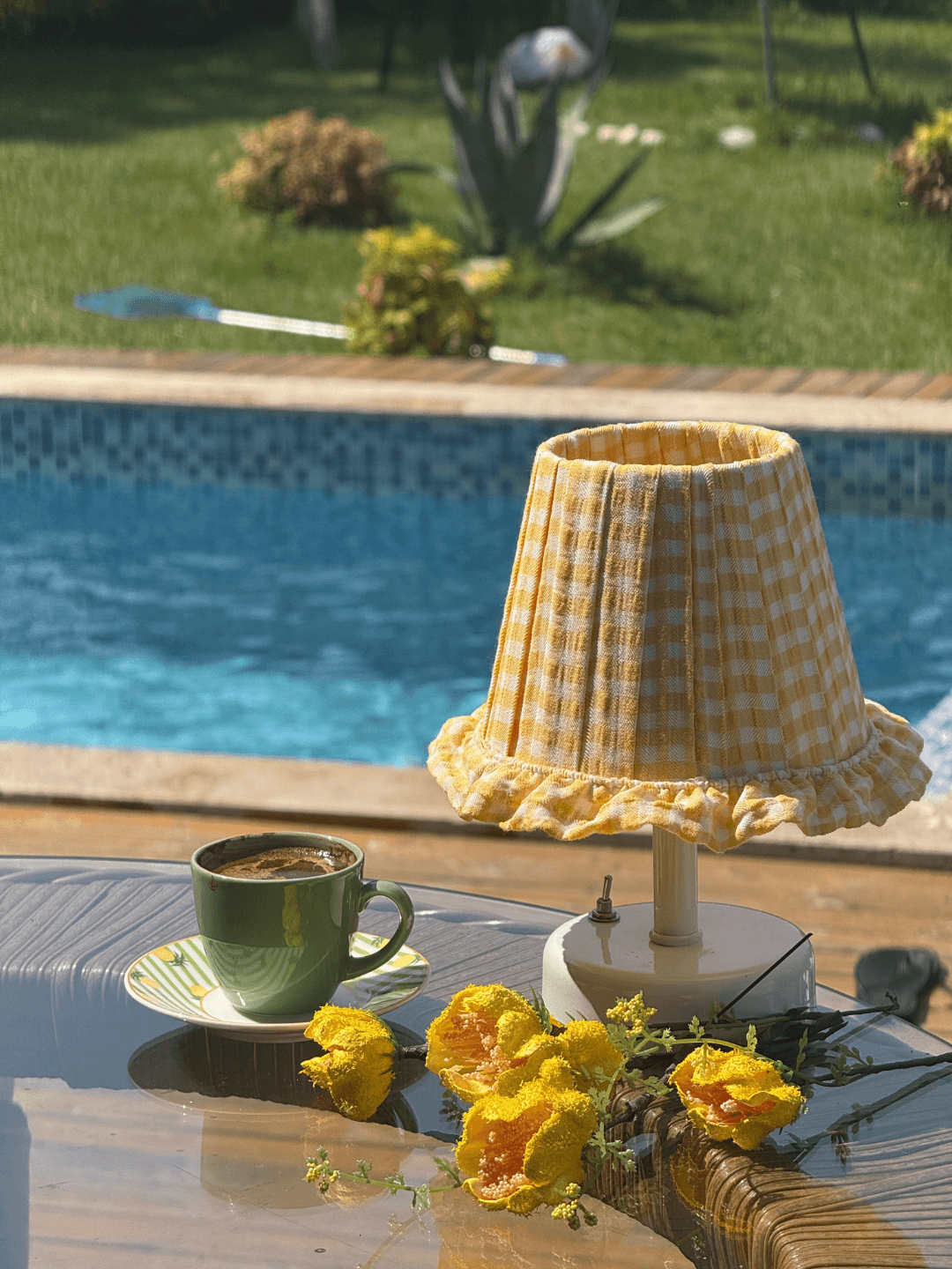 Yellow Checkered Fabric White Base Wireless Night Table Lamp