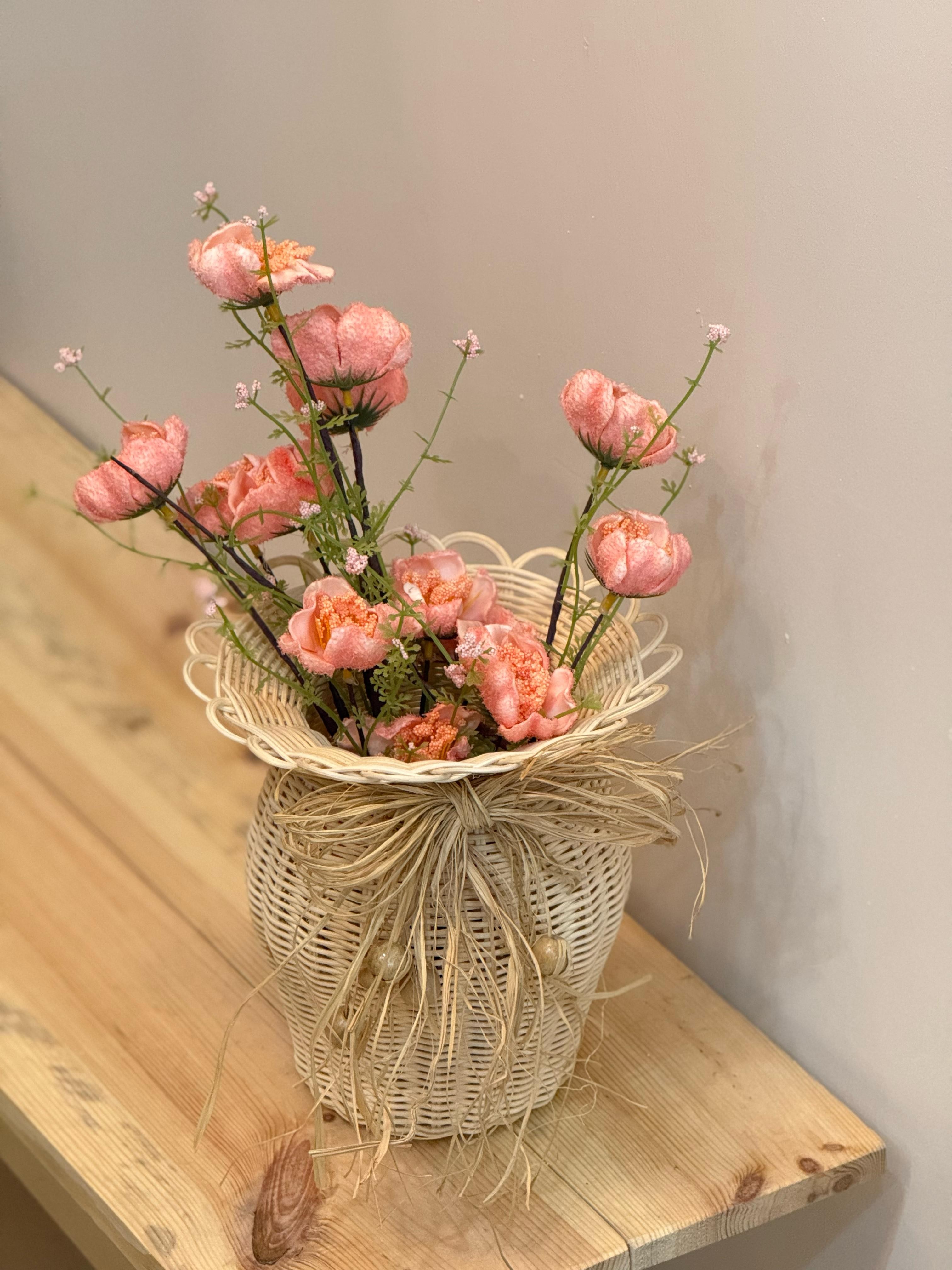  2'li Set Rattan El Yapımı Vazo & Pembe Gelincik