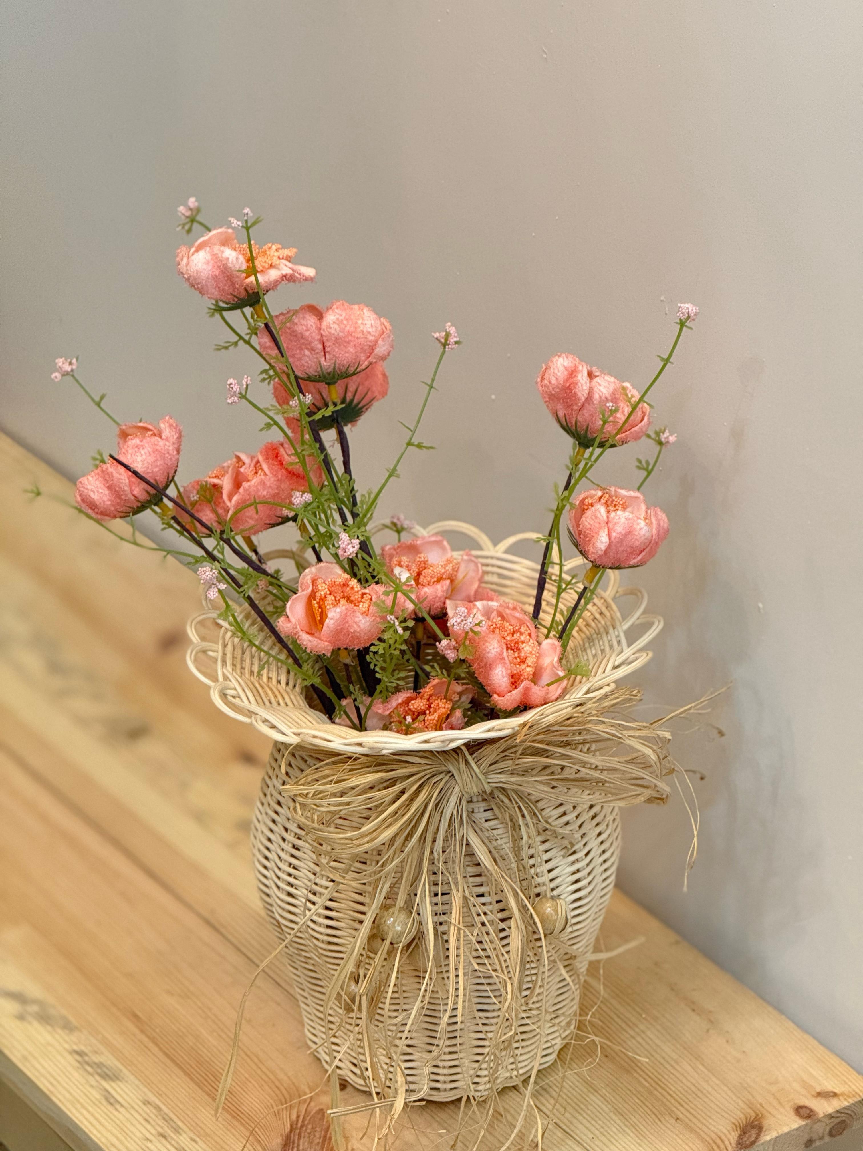  2'li Set Rattan El Yapımı Vazo & Pembe Gelincik