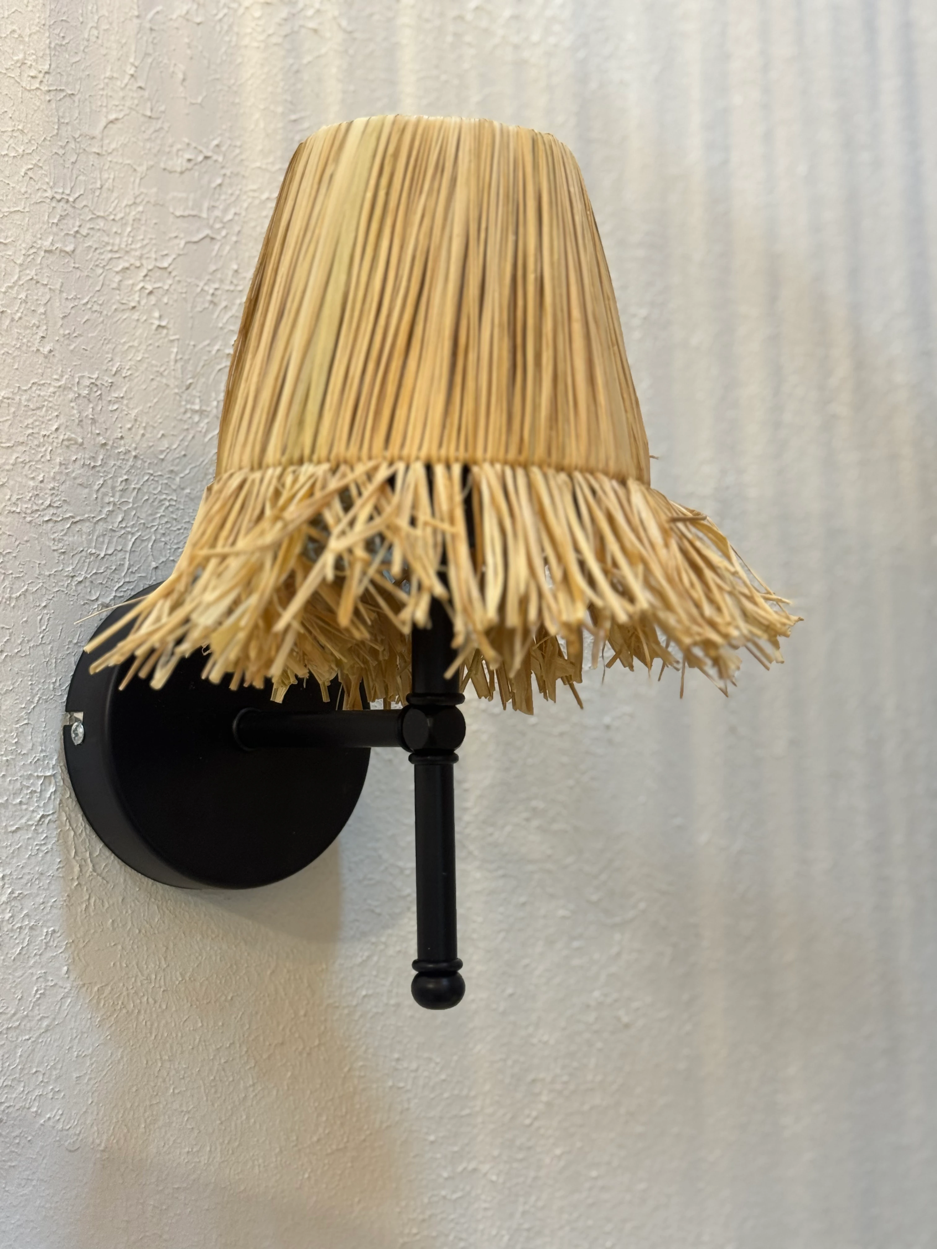 Rafya Saçaklı Bohem Hasır Kablolu Duvar Aydınlatması Aplik - Alt Siyah