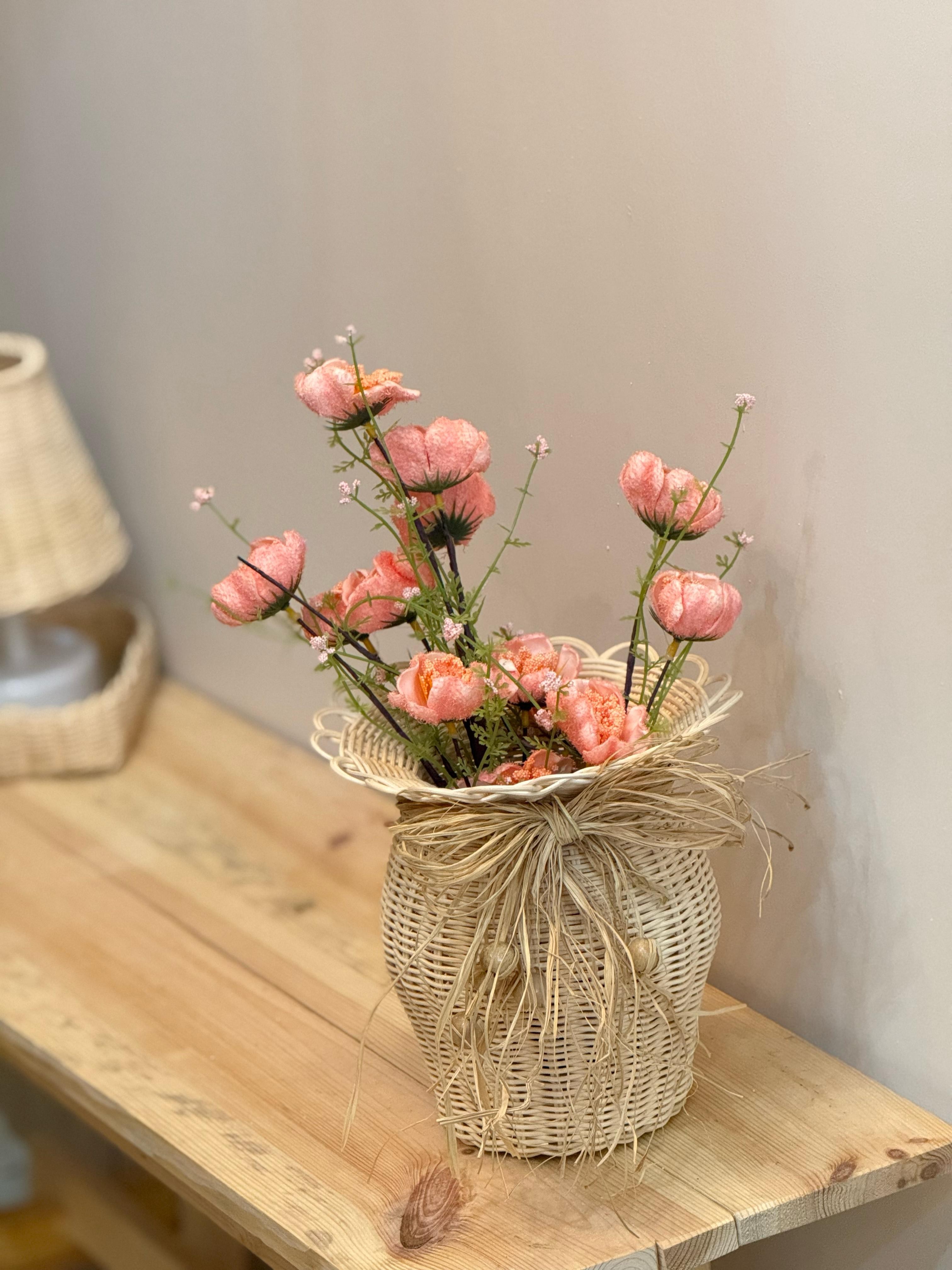  2'li Set Rattan El Yapımı Vazo & Pembe Gelincik