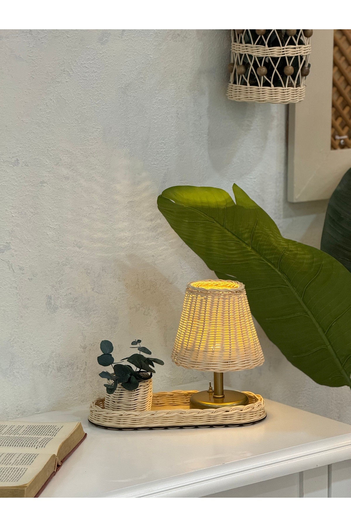 Rattan Bambu Set Kablosuz Masa Lambası- Düzenleyici Sepet Tepsi- Mini Vazo Çiçeklik 3'lü Set