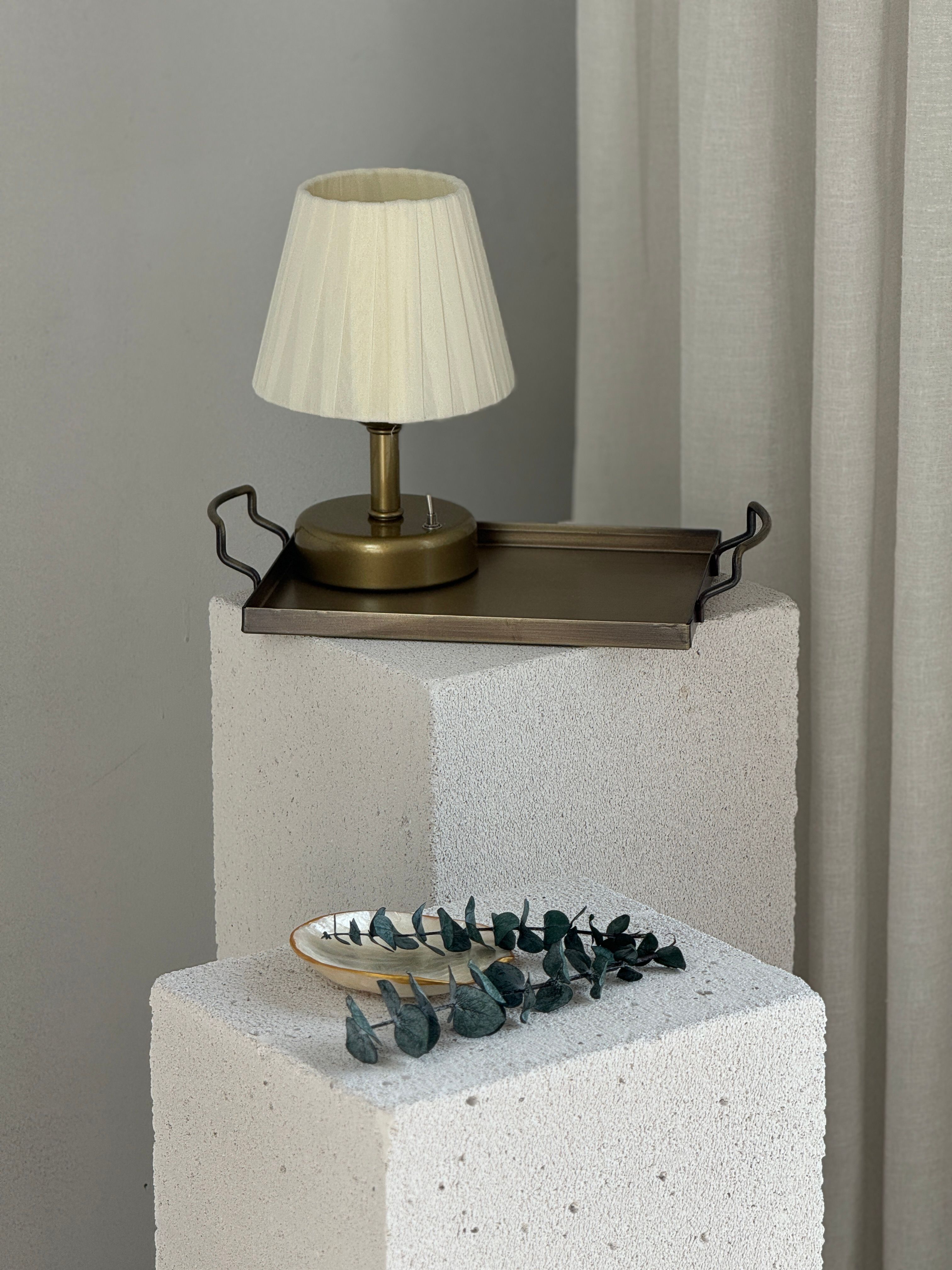 2'li Set Osmanlı İpeği Kablosuz Masa Lambası Alt Eskitme Gold & Galvaniz Tepsi 