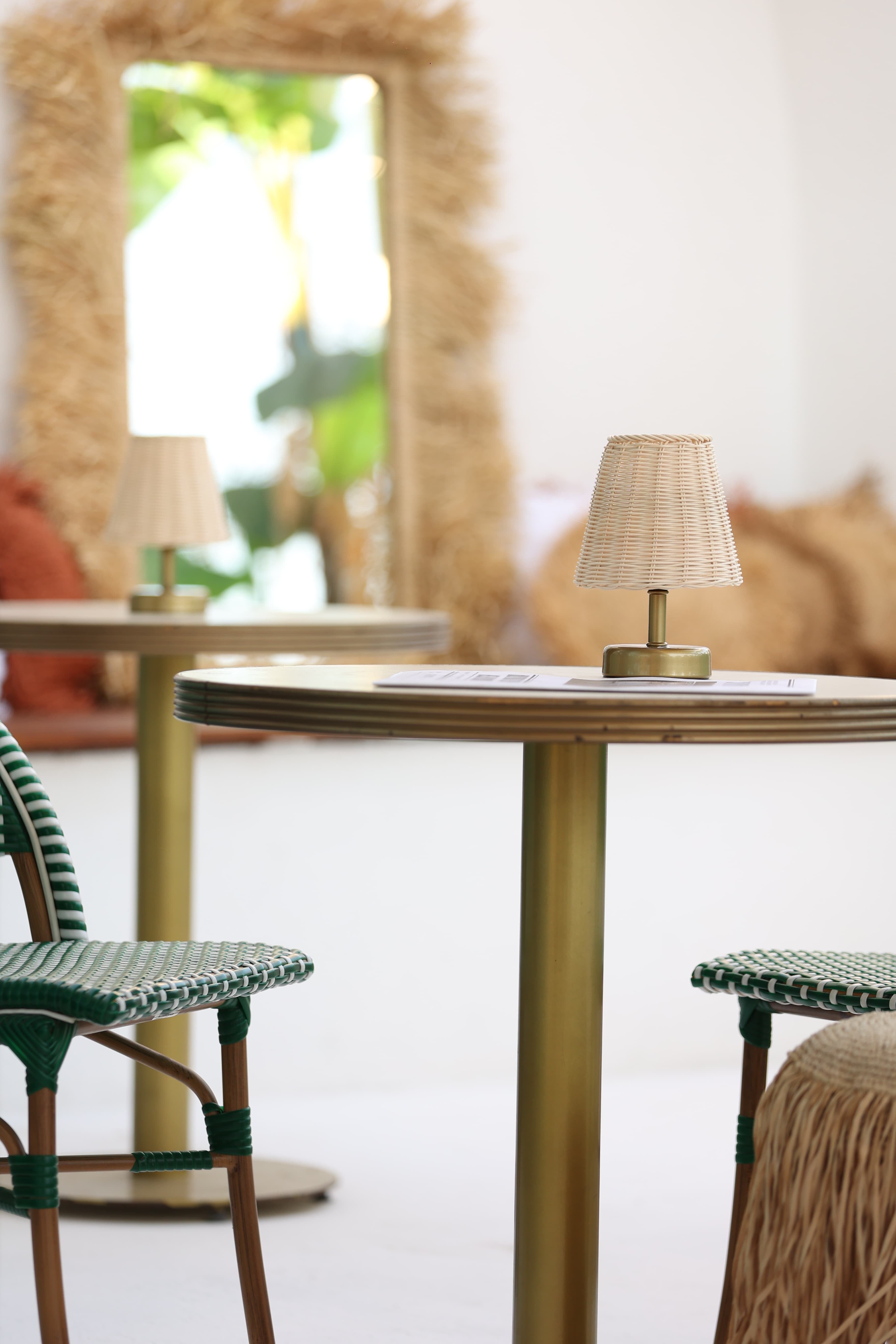 Rattan & Bambu Kablosuz Şarjlı Masa Lambası - Alt Eskitme Gold