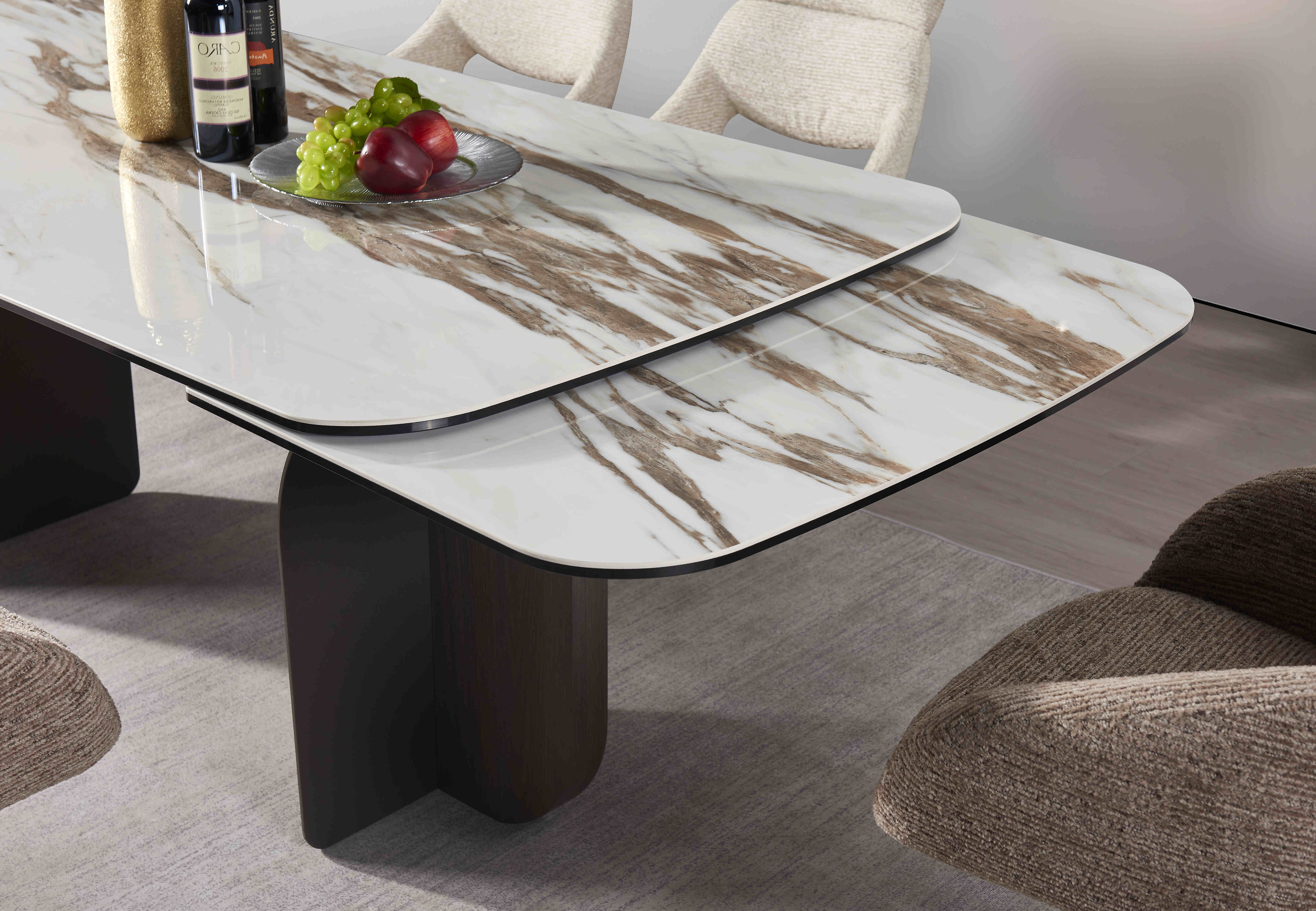 Product Size: 200 (50 + 50)     Table top: 5mm ceramic karakata brown with  10 mm temered glass    Leg: New Morandi ash color powder coated  + solid wood veneer with eucalyptus wood grain
