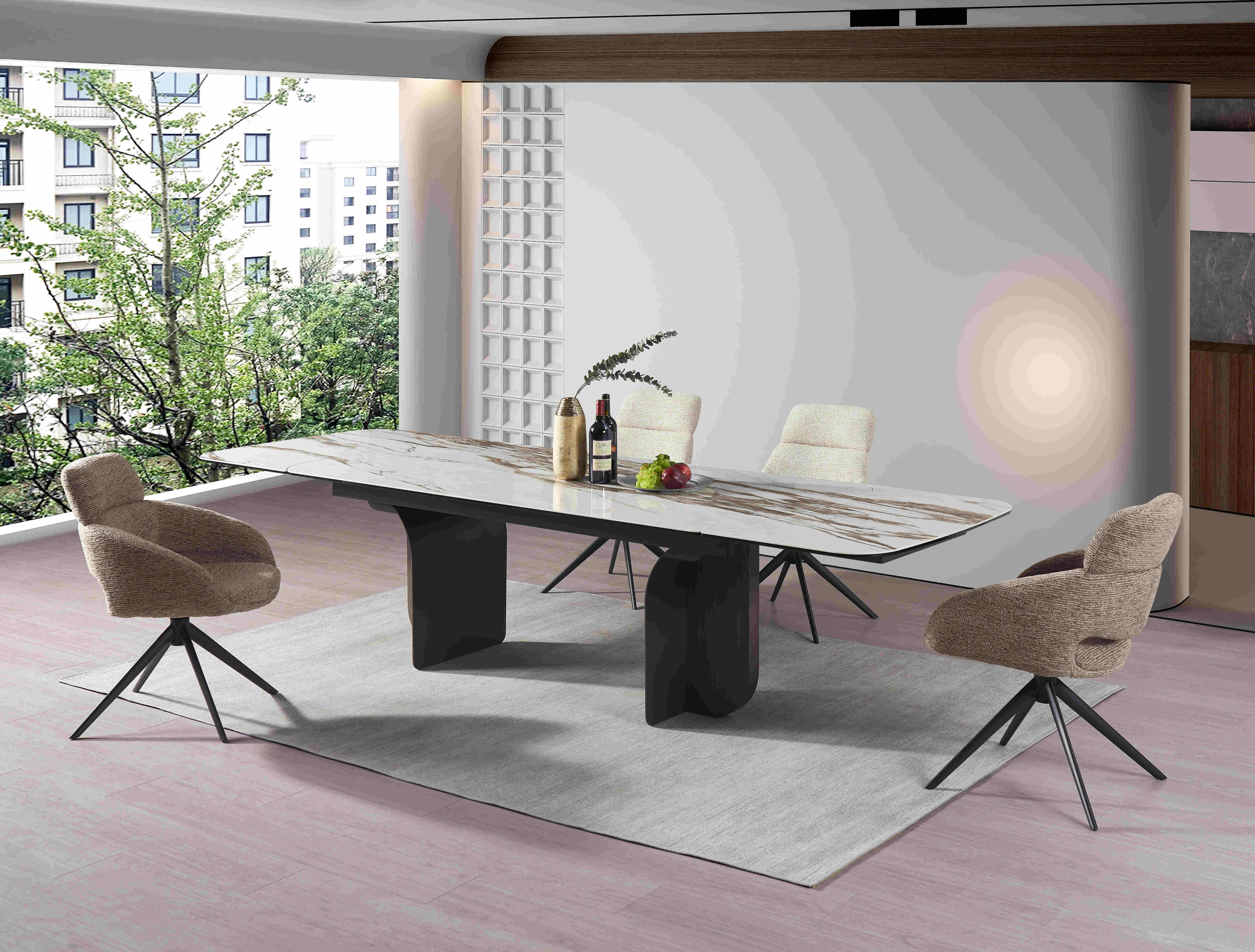 Product Size: 200 (50 + 50)     Table top: 5mm ceramic karakata brown with  10 mm temered glass    Leg: New Morandi ash color powder coated  + solid wood veneer with eucalyptus wood grain