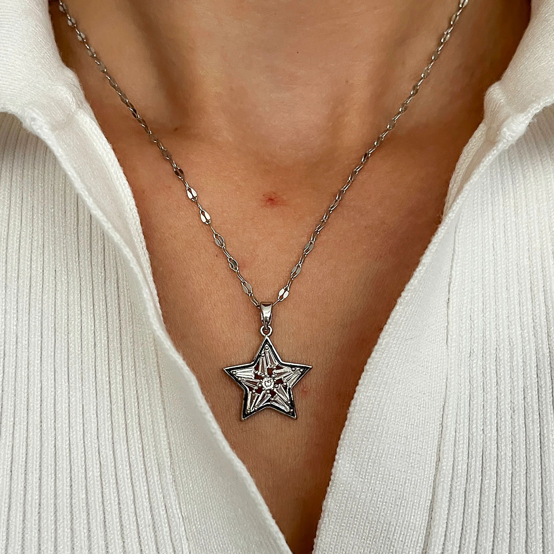 Çelik Baget Taşlı Yıldız Kolye - Silver