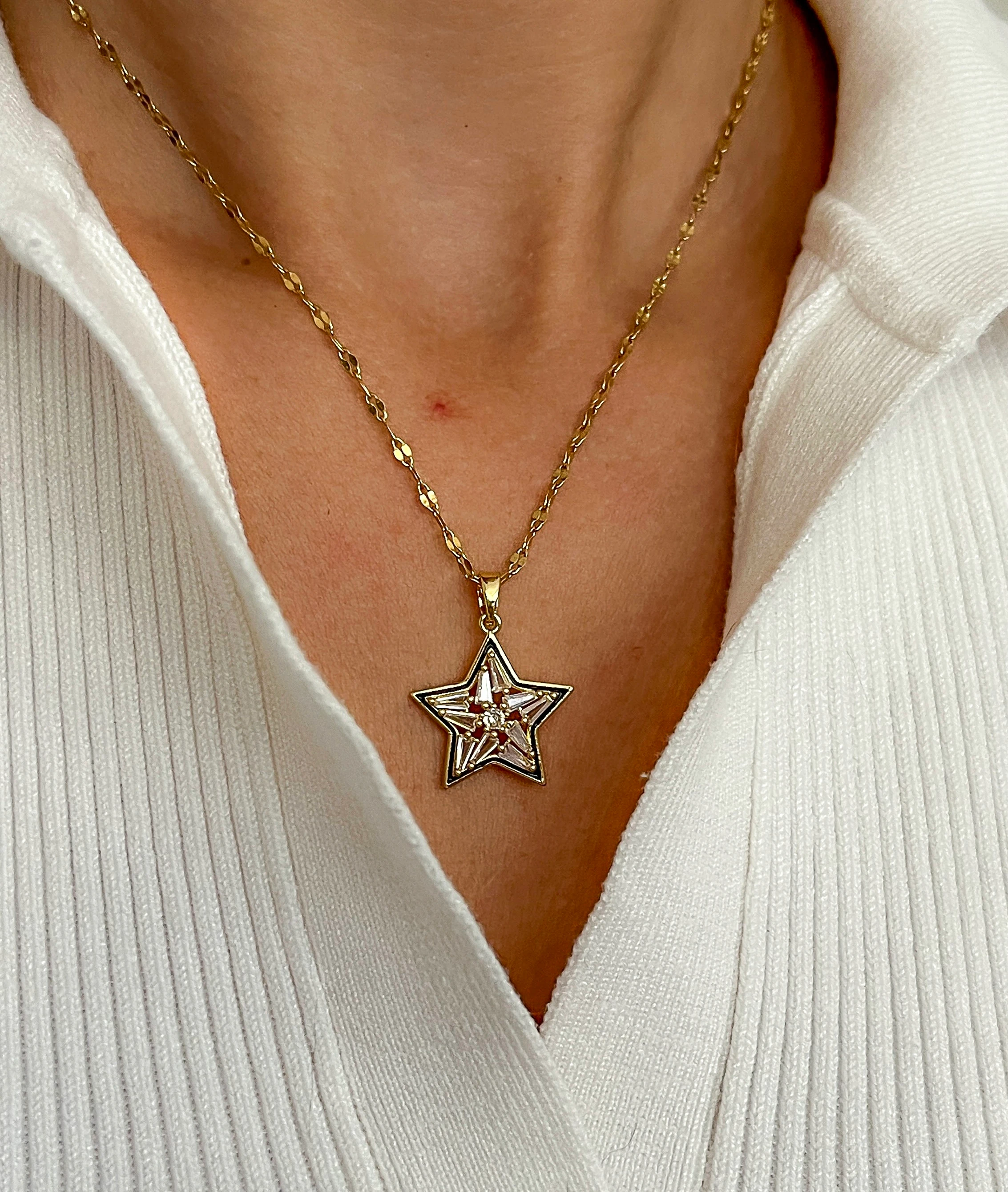 Çelik Baget Taşlı Yıldız Kolye - Gold