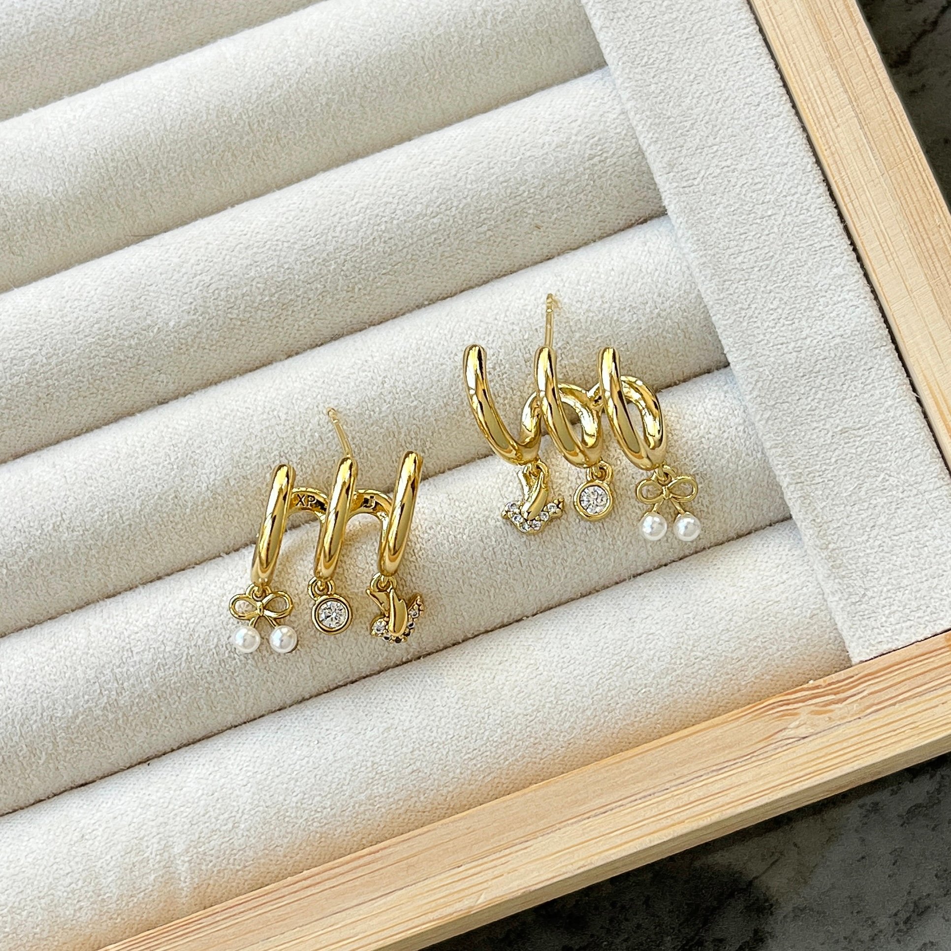 Kuş Model Üçlü Görünümlü Küpe - Gold