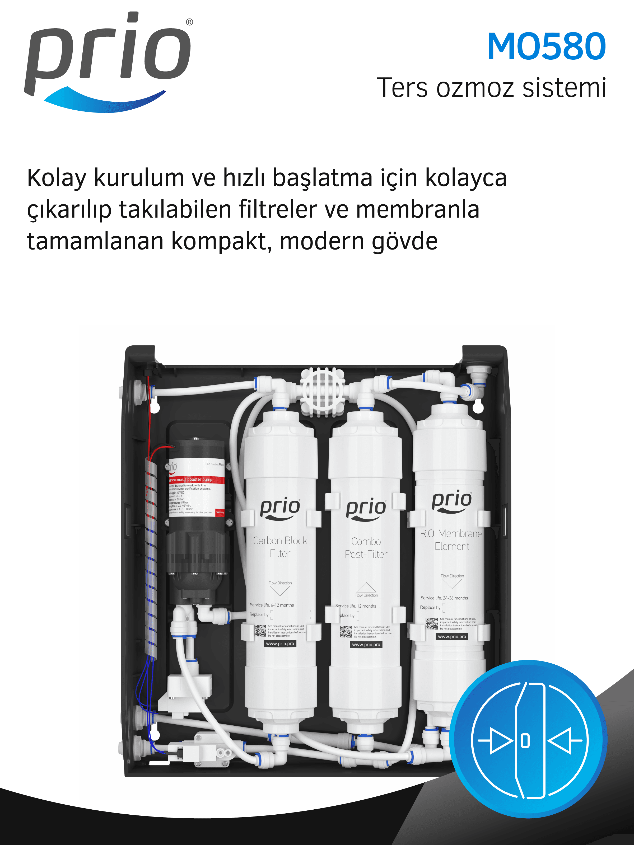 Prio® MO580 Slim Reverse Osmosis Water Filtration System With 4G Tank With Integrated Booster Pump