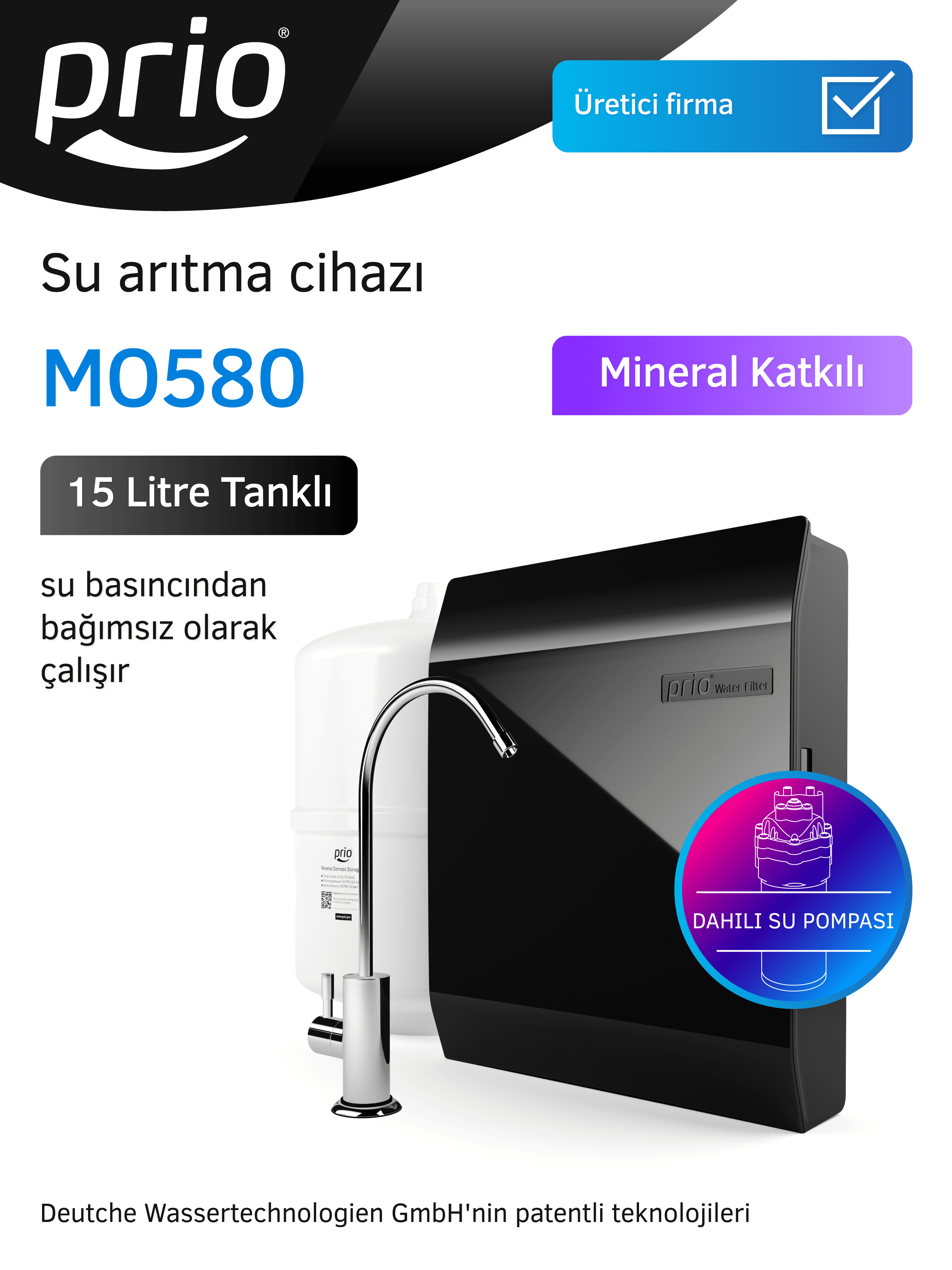 Prio MO580 Slim 15 Litre Tanklı Pompalı Su Arıtma Cihazı