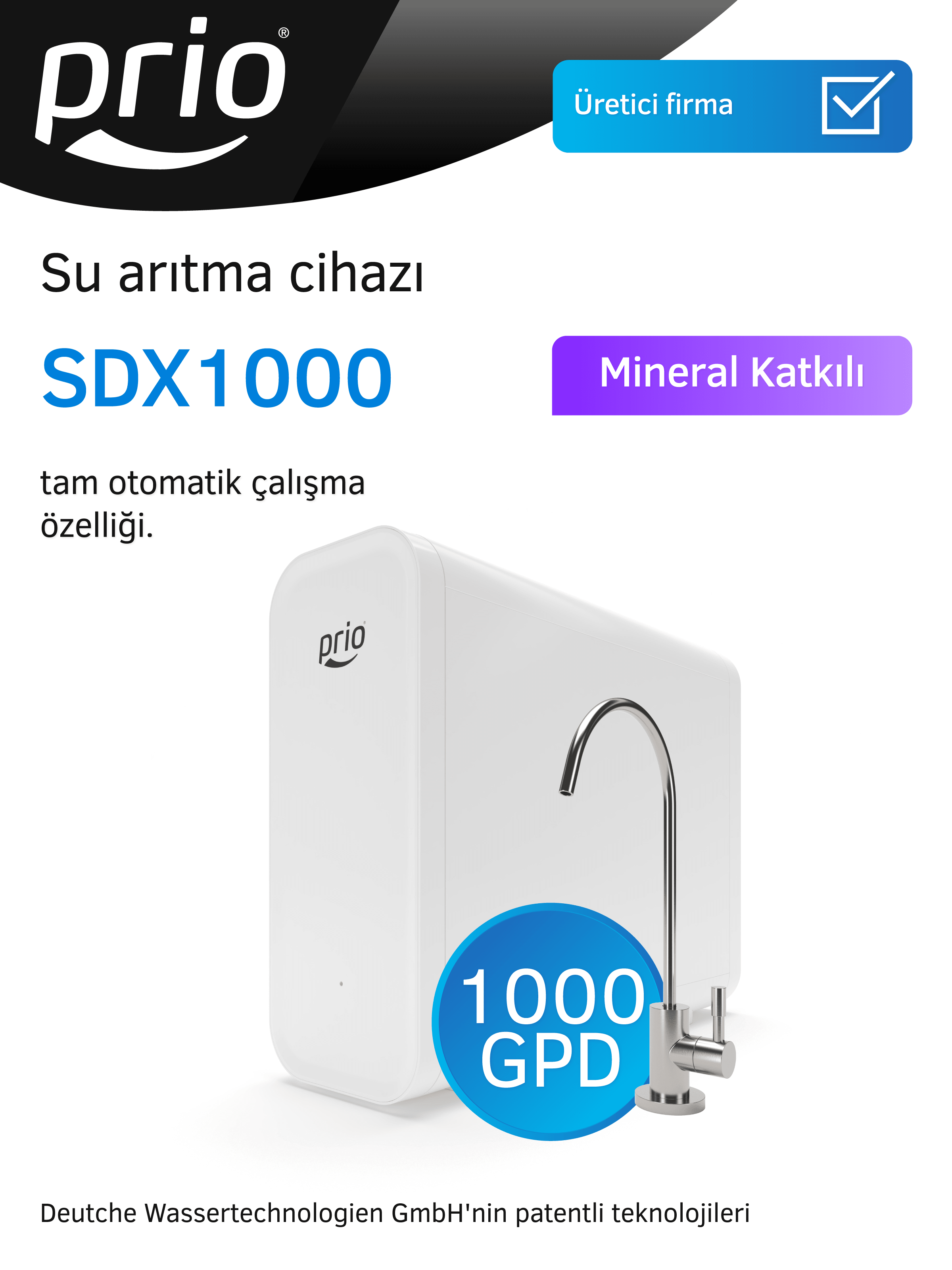 Prio SDX1000 Tanksız Direkt Akışlı Otomatik Yıkamalı Pompalı Su Arıtma Cihazı