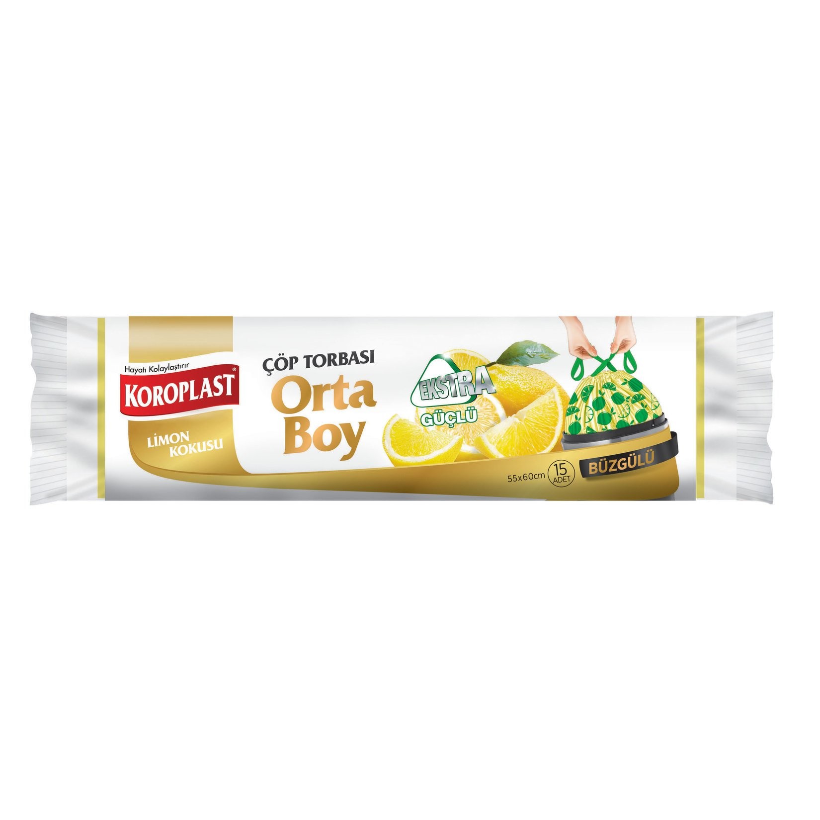 Koroplast Ekstra Güçlü Limon Kokulu Büzgülü Orta Boy Çöp Poşeti 15'li