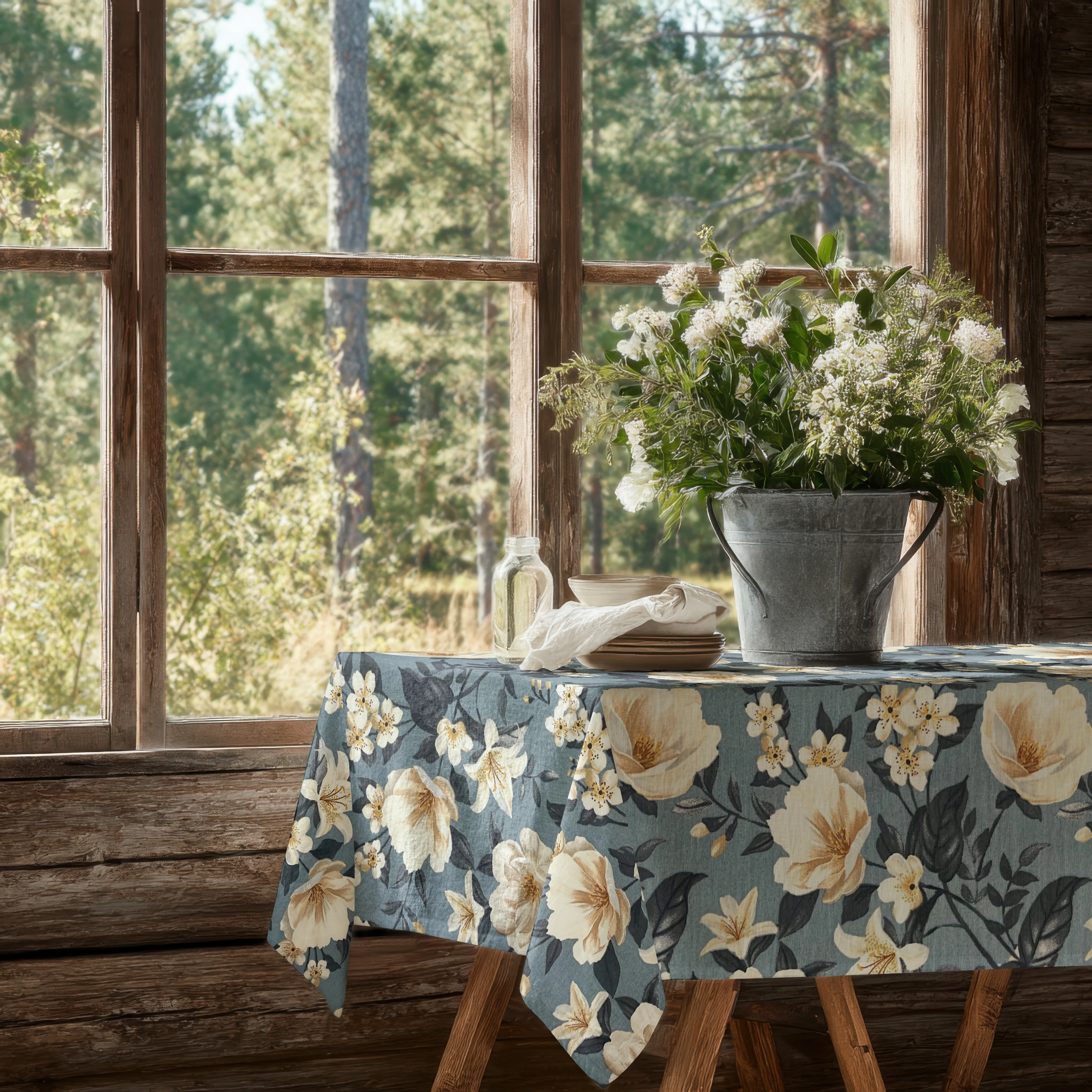 Çiçek Desenli Mavi Keten Masa Örtüsü