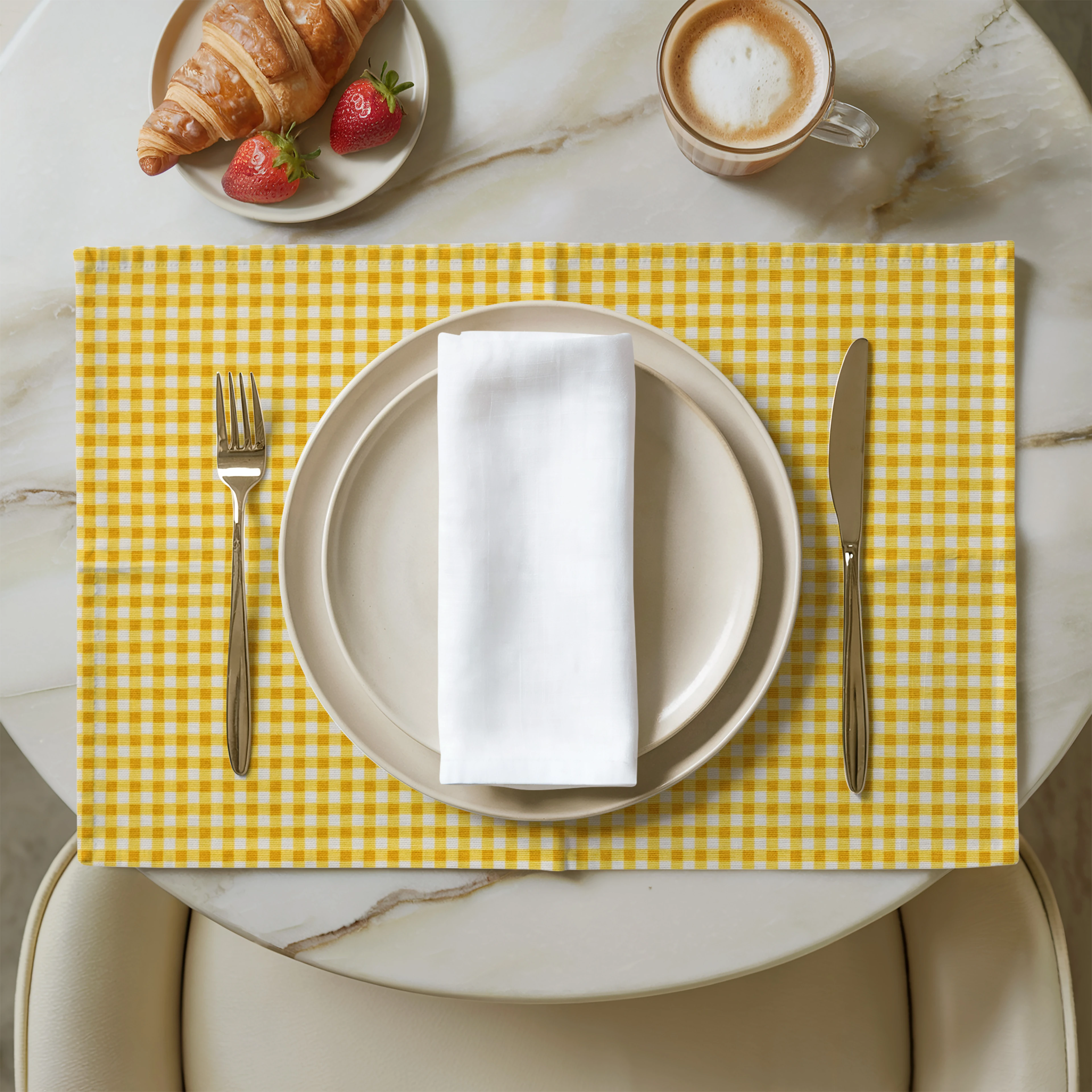 Sarı Pötikare Desenli Keten Servis Altlığı 6 Adet