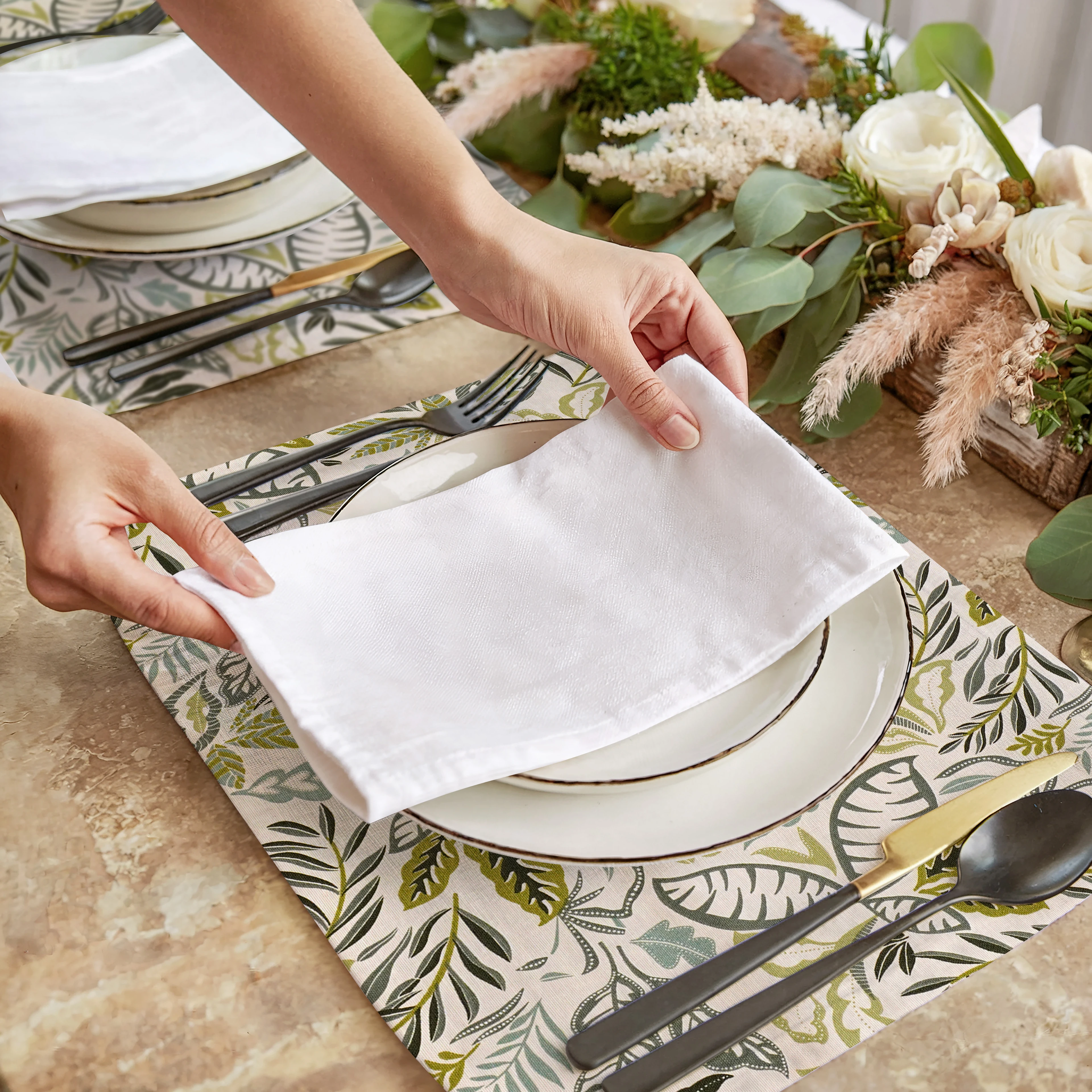 Yaprak Desenli Keten Servis Altlığı 6 Adet