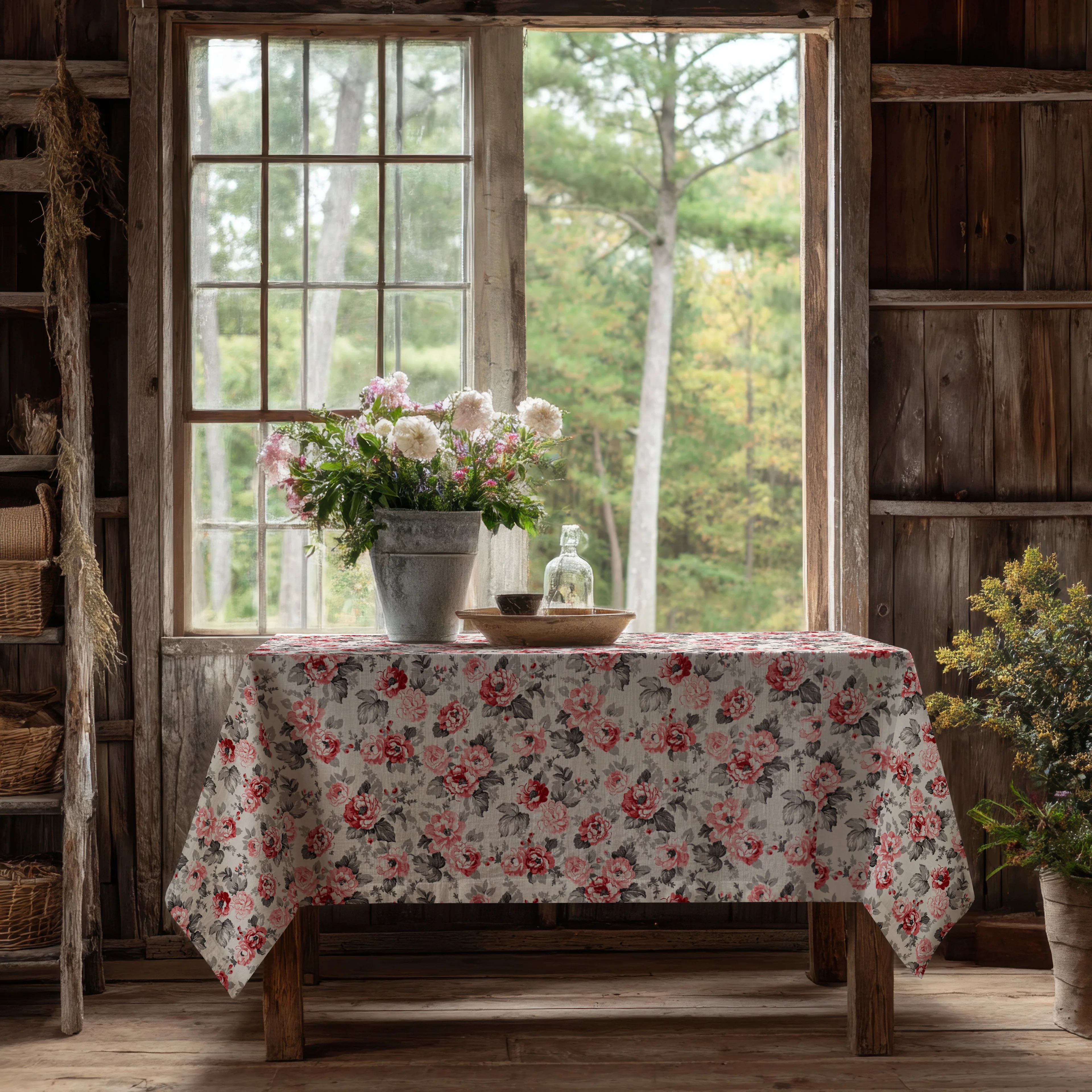 Şakayık Desenli Keten Masa Örtüsü Dertsiz Kumaş