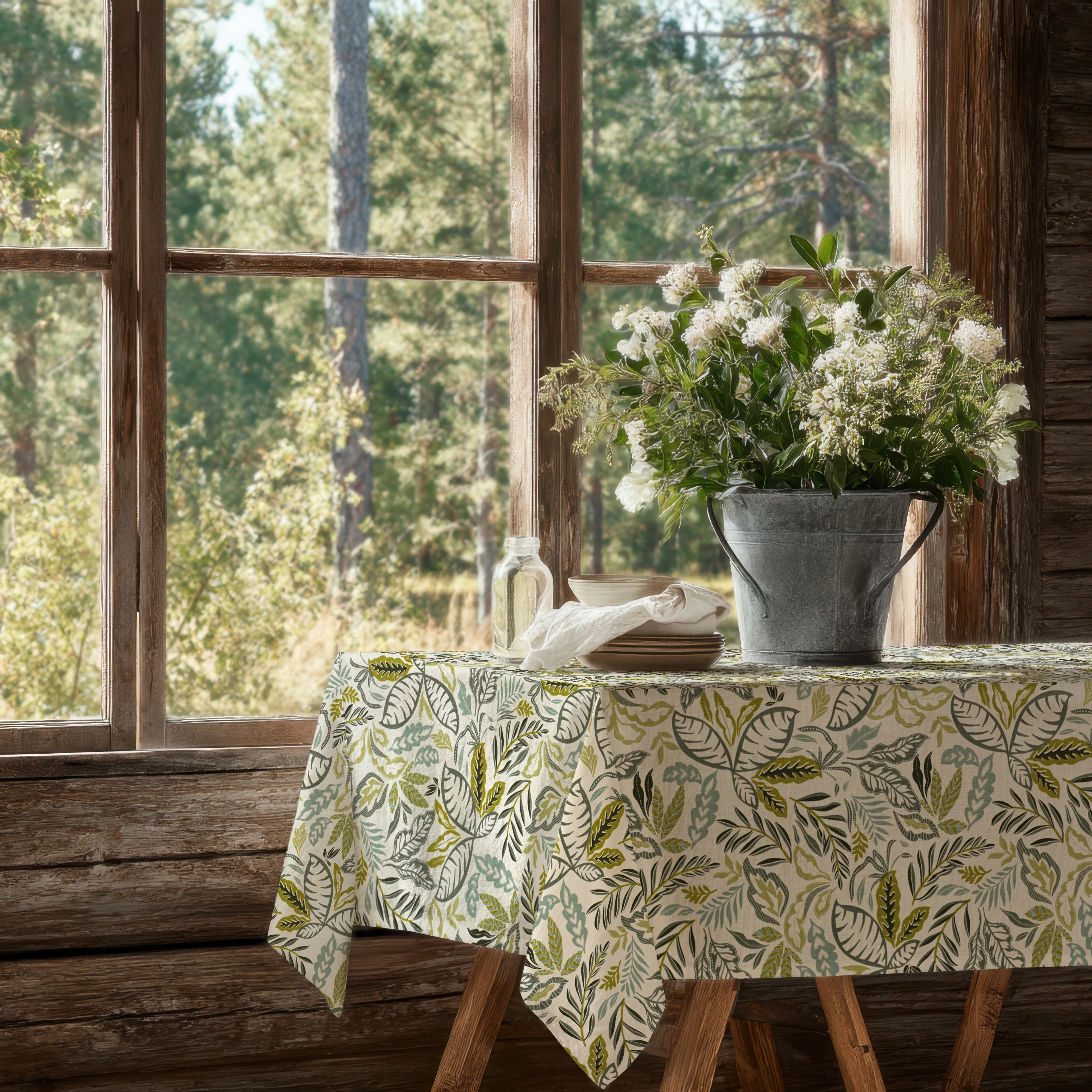 Yaprak Desenli Keten Masa Örtüsü Dertsiz Kumaş