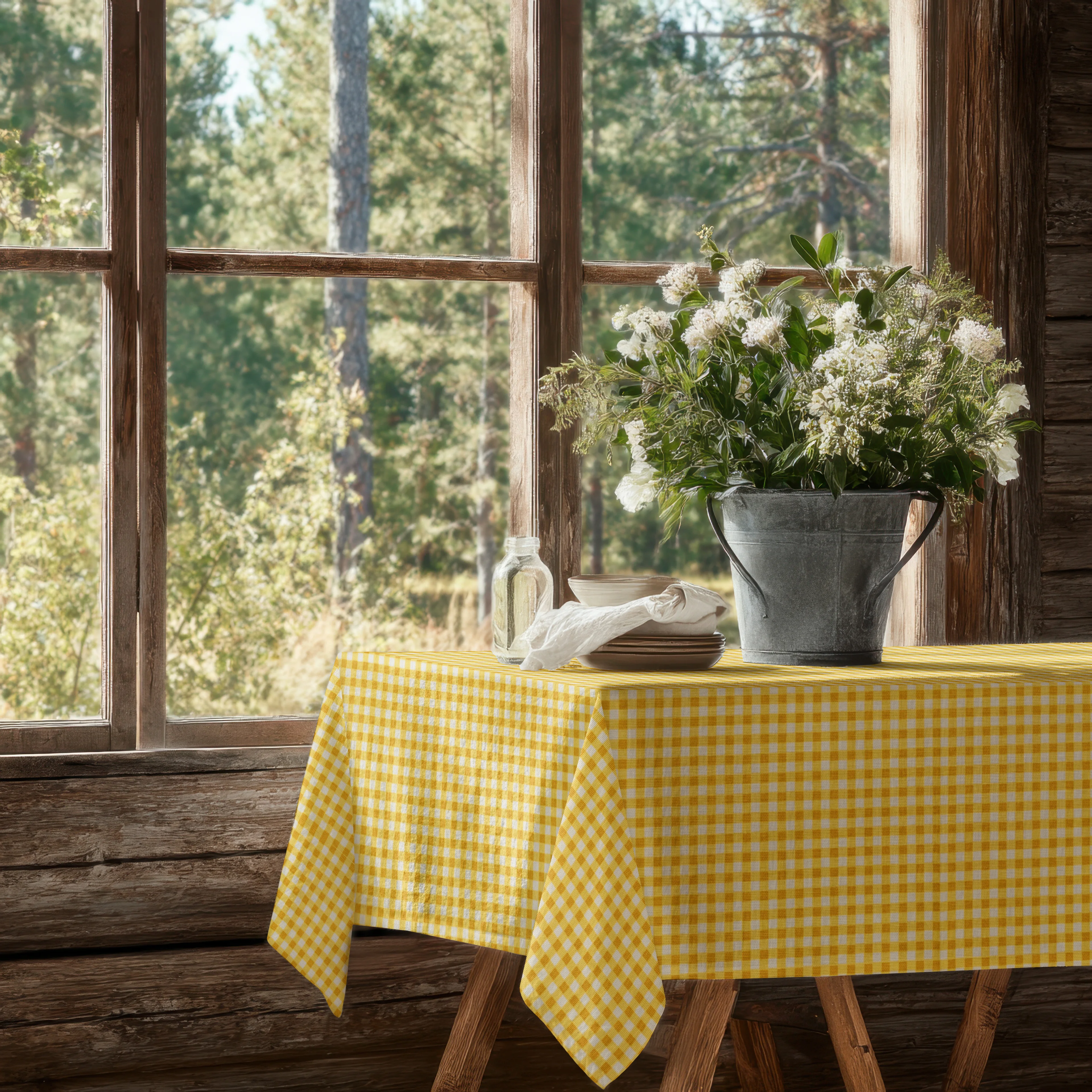 Sarı Pötikare Desenli Keten Masa Örtüsü Dertsiz Kumaş