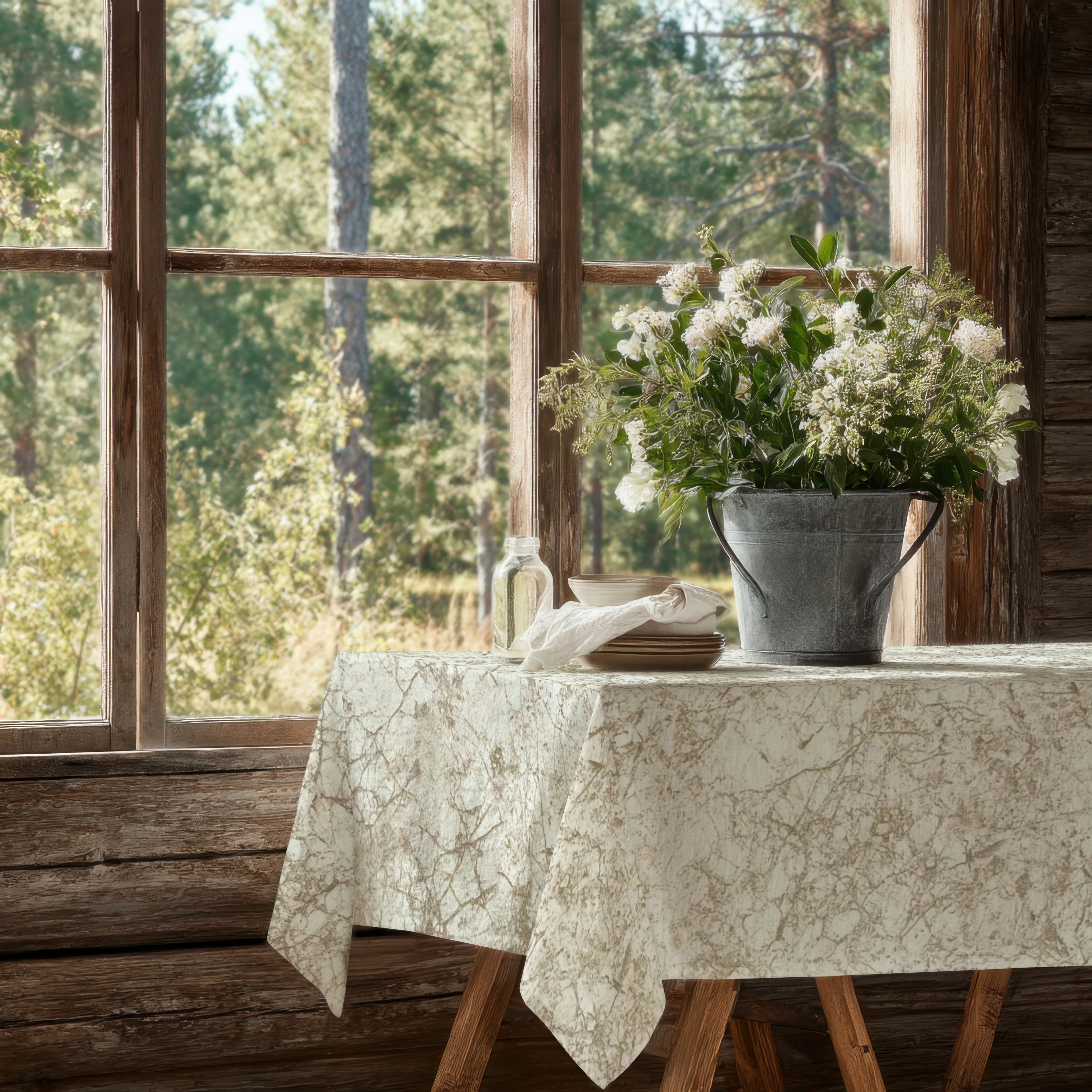 Mermer Desenli Bej Keten Masa Örtüsü Dertsiz Kumaş