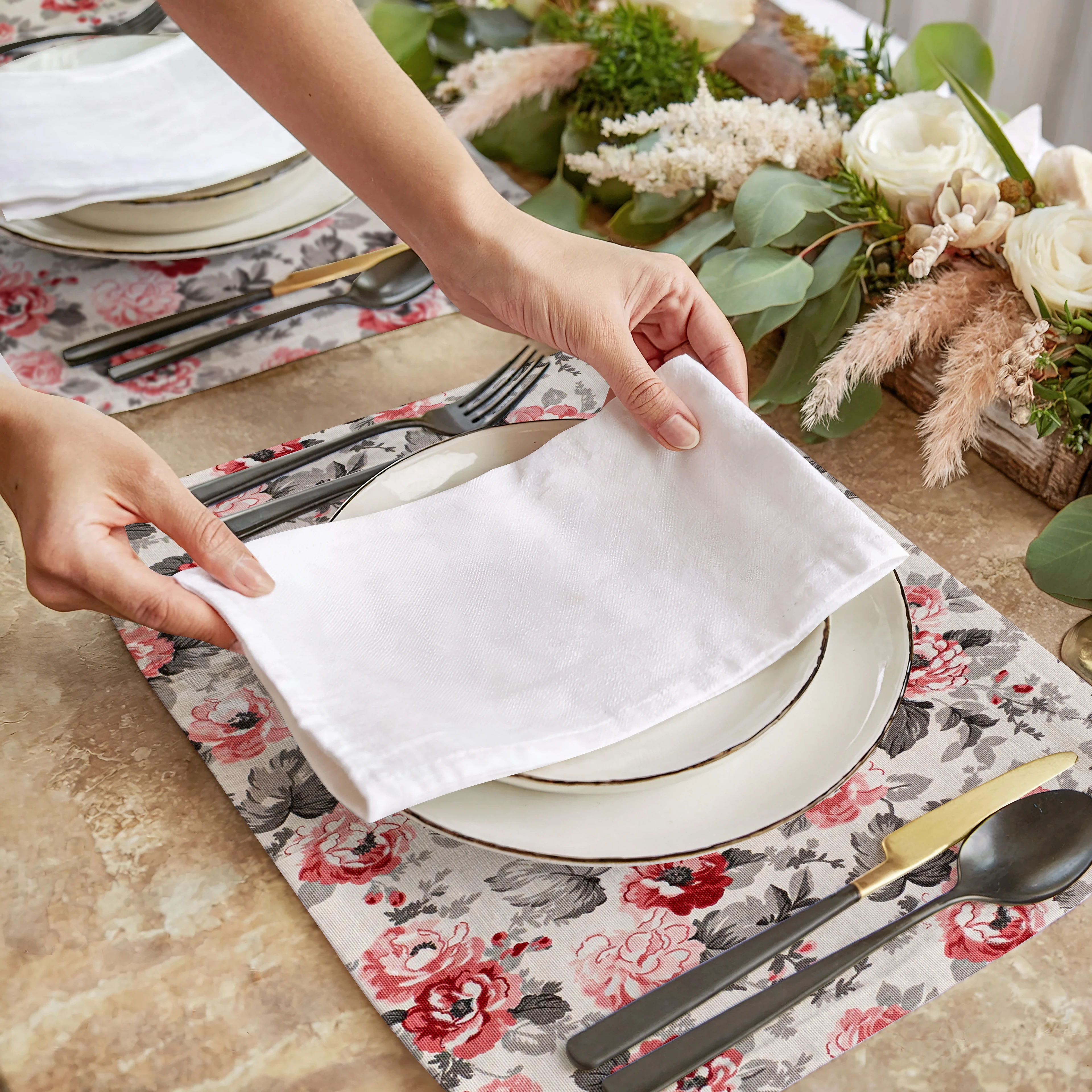 Şakayık Desenli Keten Servis Altlığı 6 Adet