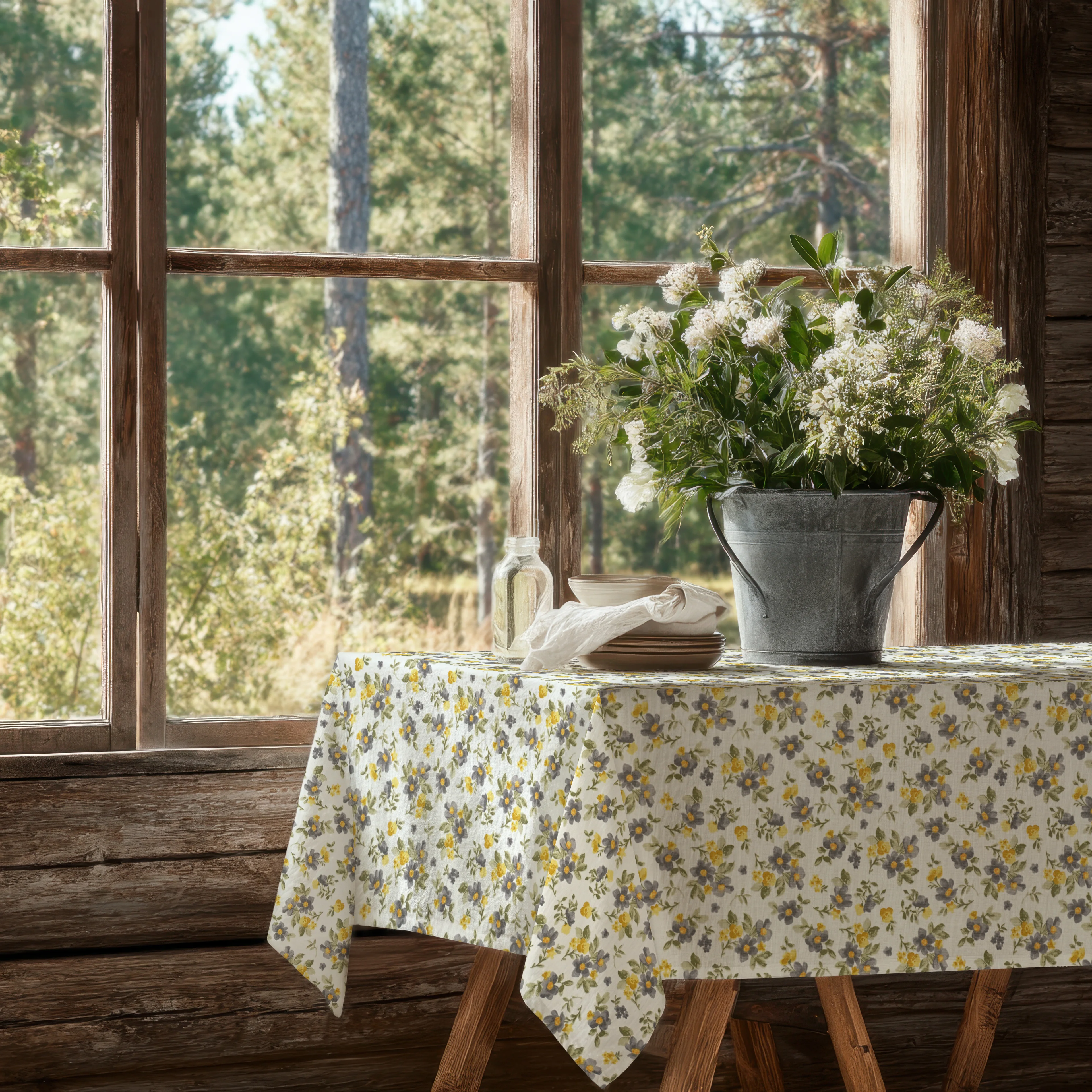 Çiçek Desenli Keten Masa Örtüsü Dertsiz Kumaş