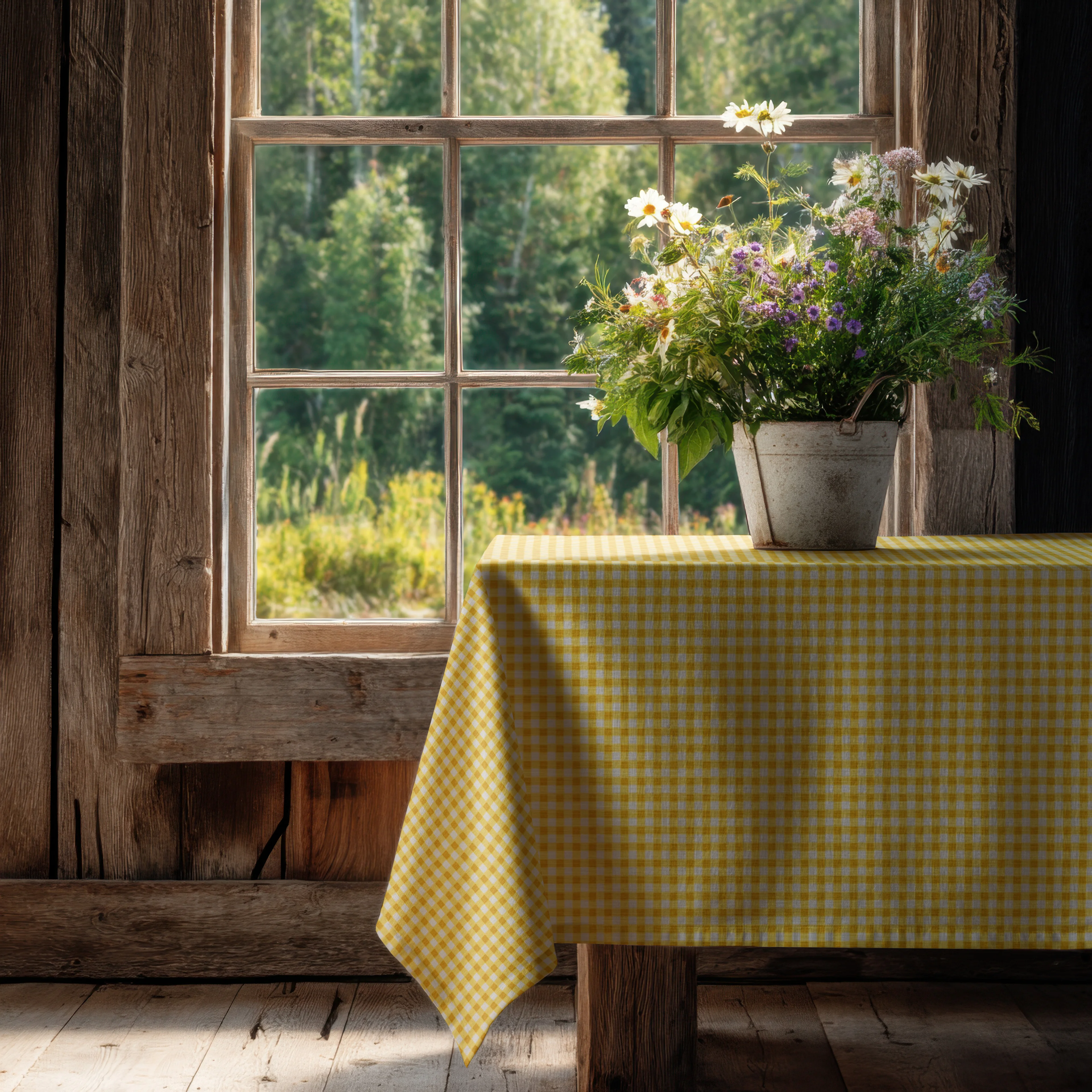 Sarı Pötikare Desenli Keten Masa Örtüsü Dertsiz Kumaş