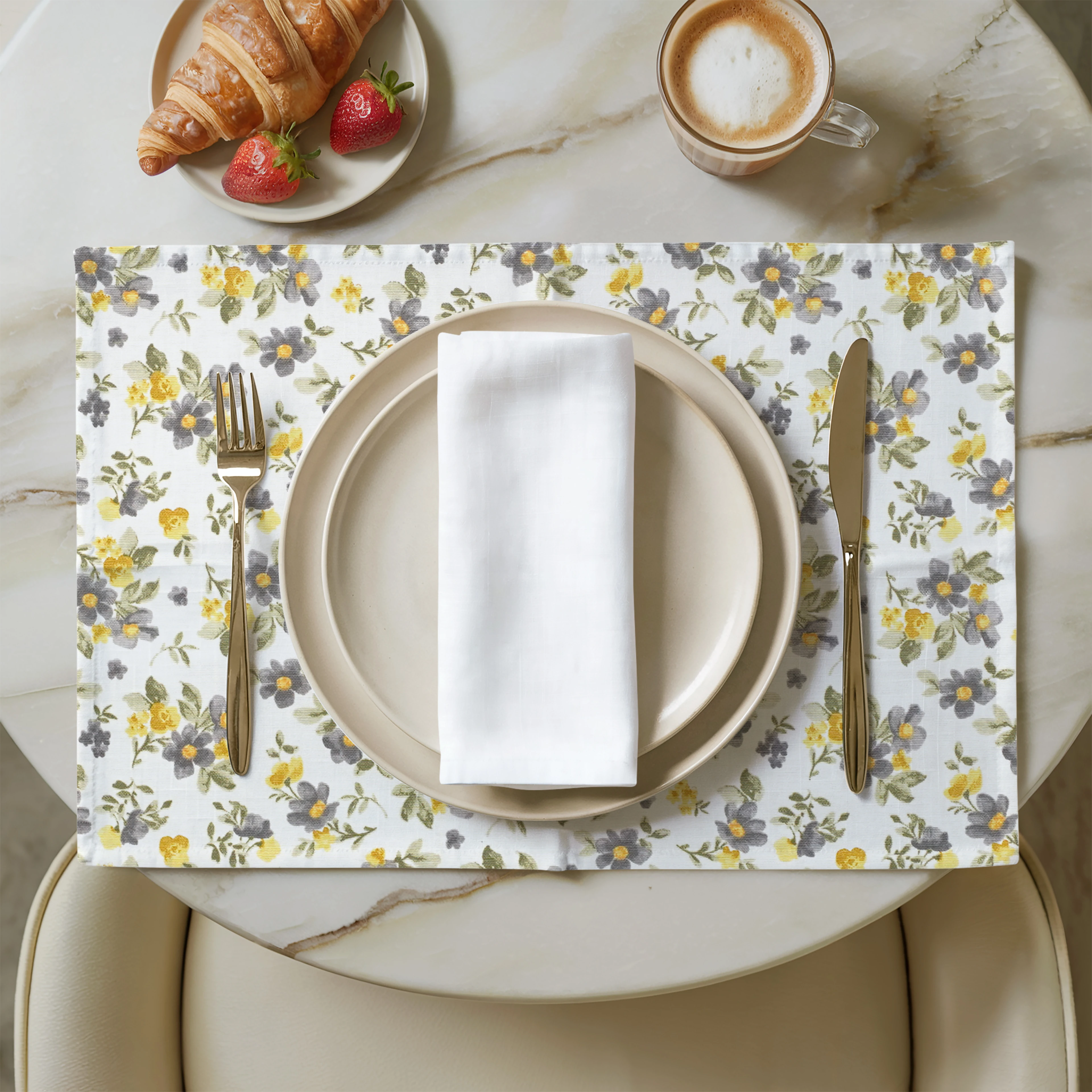 Çiçek Desenli Keten Servis Altlığı 6 Adet