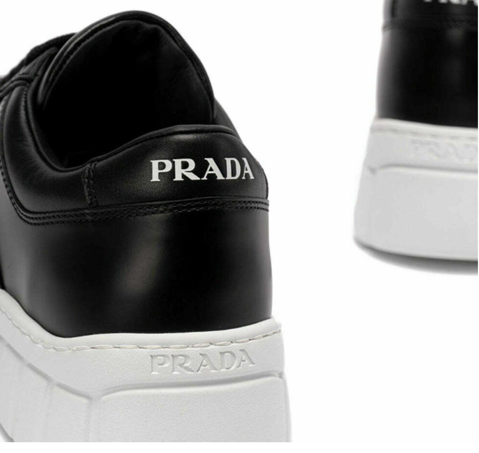 Leather Sneakers with Triangle Metal Logo Black White