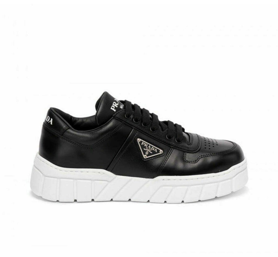 Leather Sneakers with Triangle Metal Logo Black White