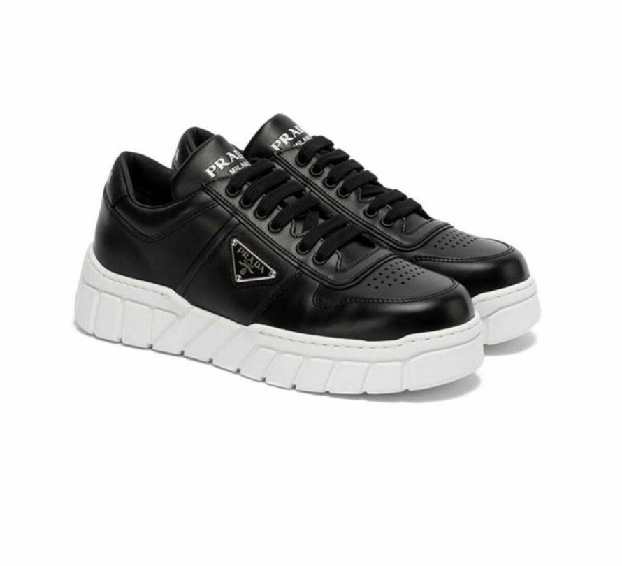 Leather Sneakers with Triangle Metal Logo Black White