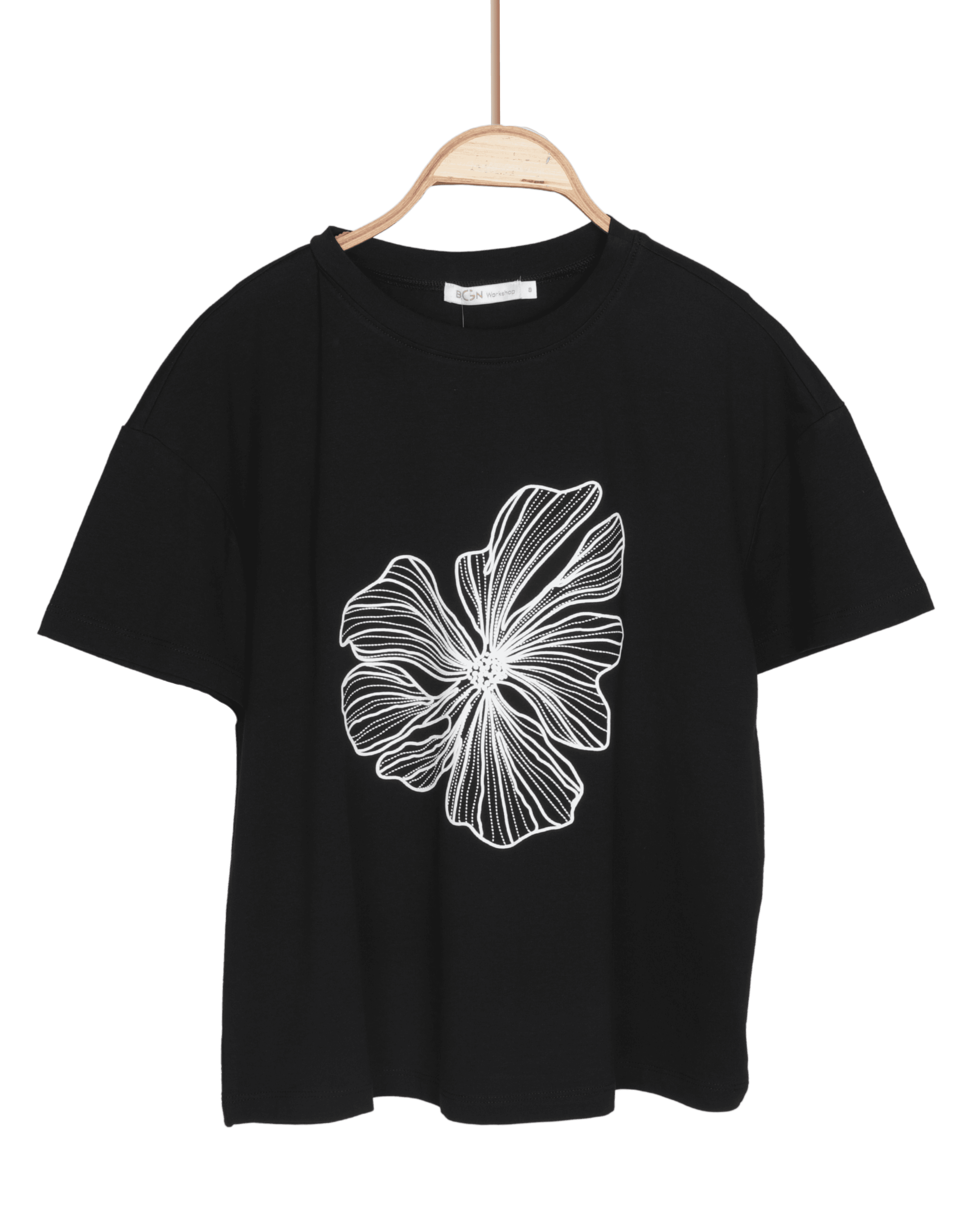 Çiçekli Kısa Kollu T-Shirt - Siyah/Beyaz