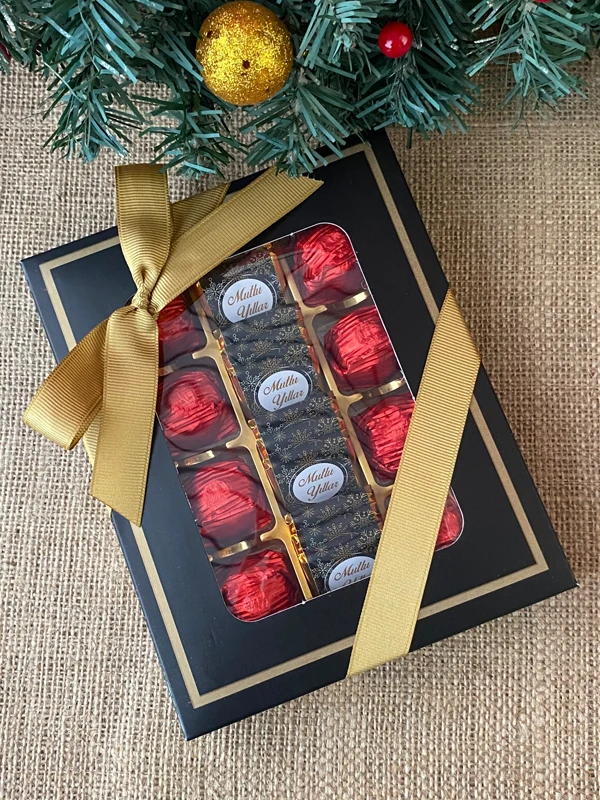 Küçük Siyah Kutuda Baston Şeker Hediyeli Yılbaşı Çikolatası, Yeni Yıl Hediyesi