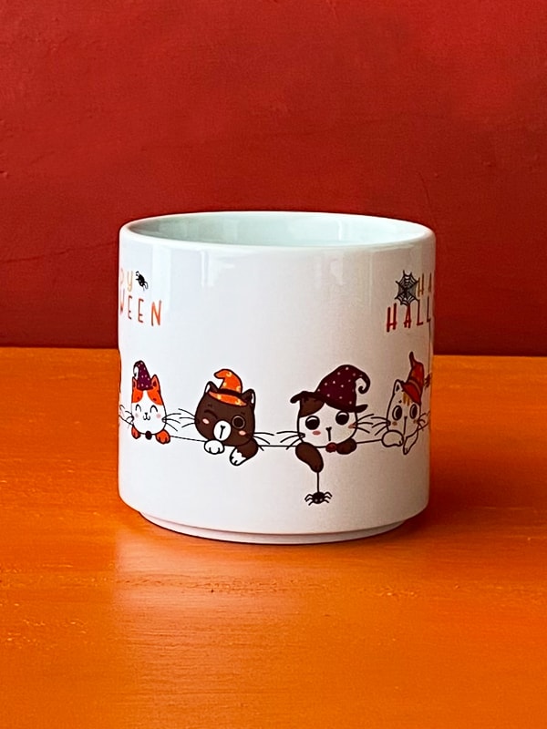 Happy Halloween Kedili Beyaz T Kupa, Cadılar Bayramı Kupası, Kedili Kupa