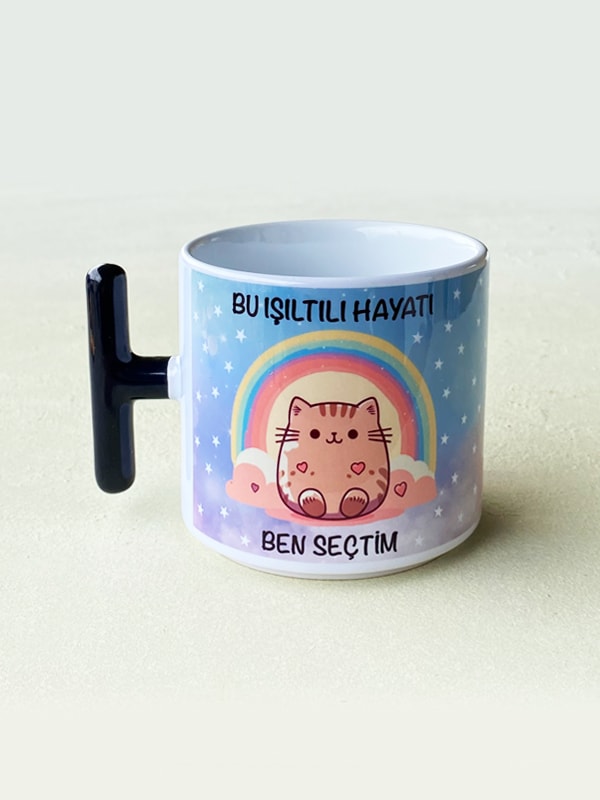 Işıltılı Hayat Kupası, Kedili Kupa, Kedi Sevenlere, Porselen T Kupa, Doğum Günü Hediyesi