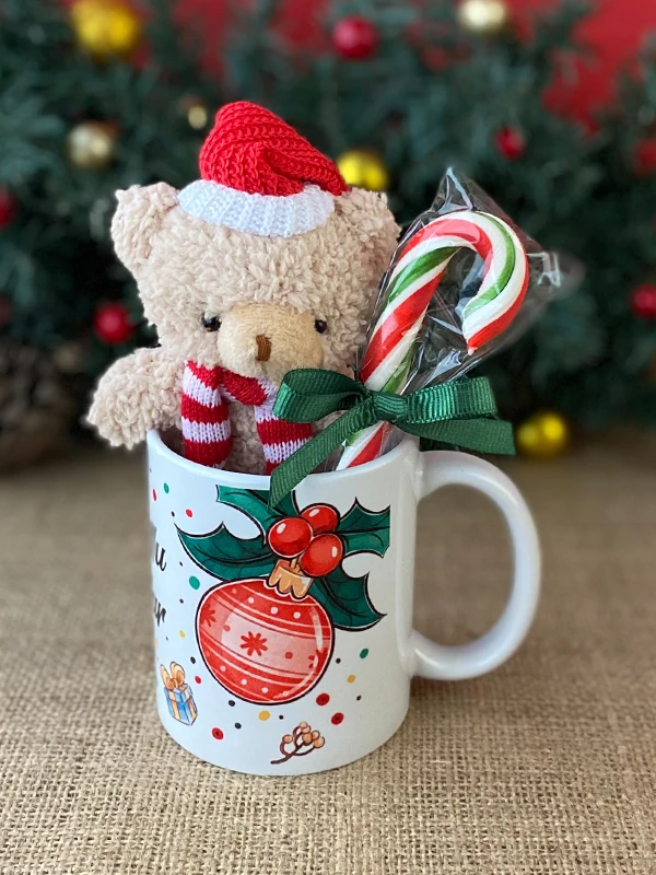 Ayıcıklı ve Baston Şekerli Yeni Yıl Kupası, Klasik Kupa, Yılbaşı Hediyesi, Mutlu Yıllar Kupası