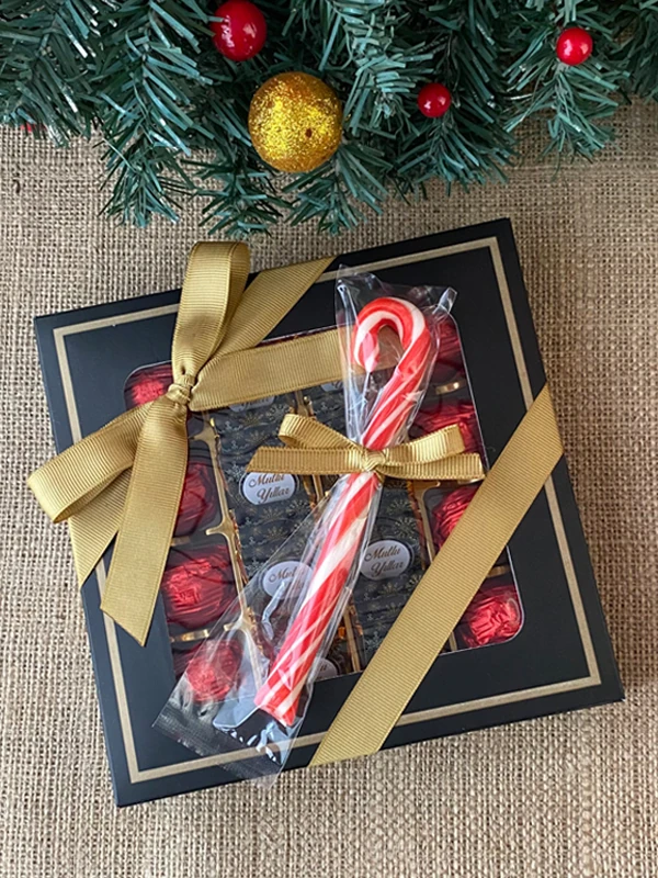 Siyah Kutuda Baston Şeker Hediyeli Yılbaşı Çikolatası, Yeni Yıl Hediyesi