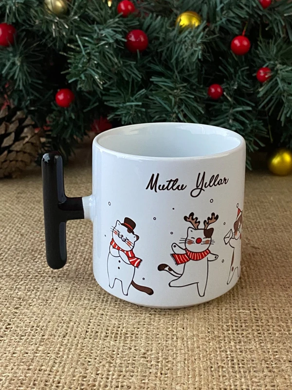 Yılbaşına Özel Kedili Kupa, Porselen T Kupa, Kedi Sevenlere, Yeni Yıl Hediyesi