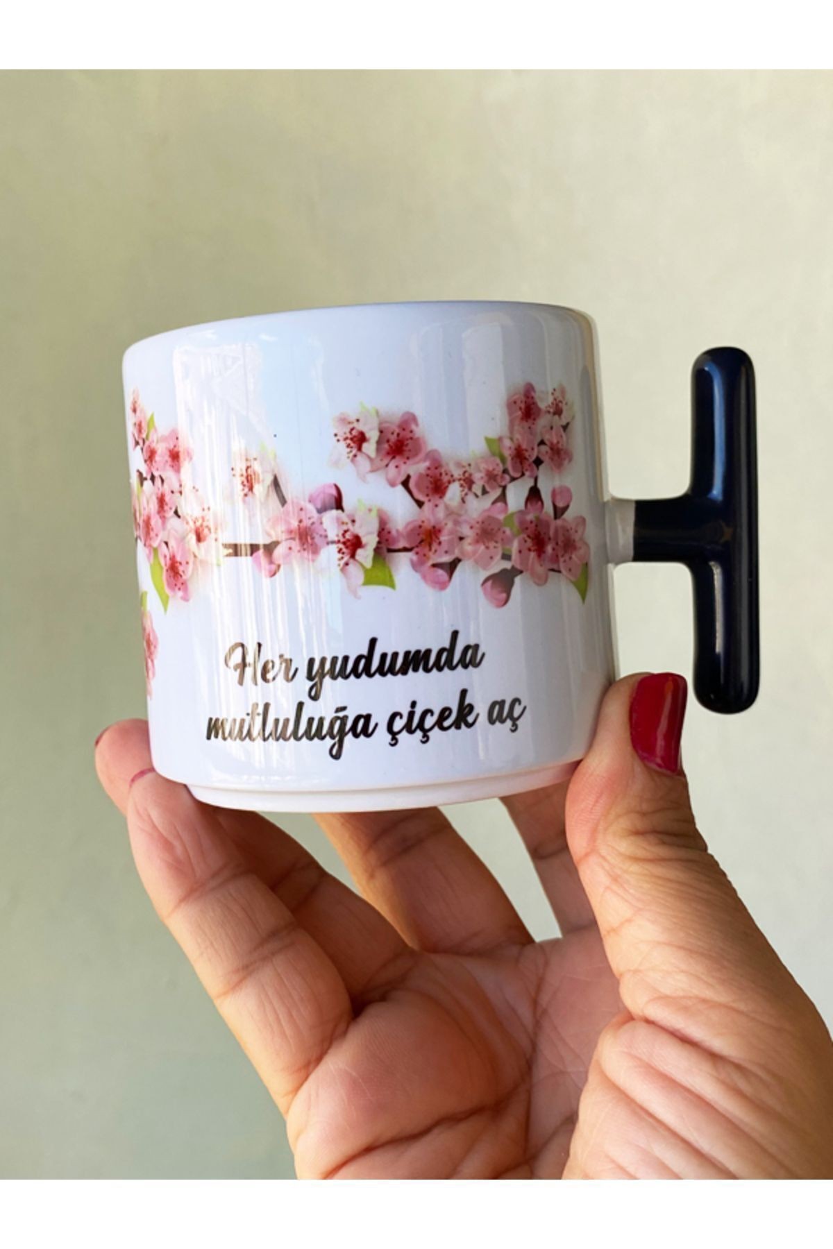 Mutluluk Kupası, Cherry Blossom, Kadınlara Özel, Porselen T Kupa, Doğum Günü Hediyesi