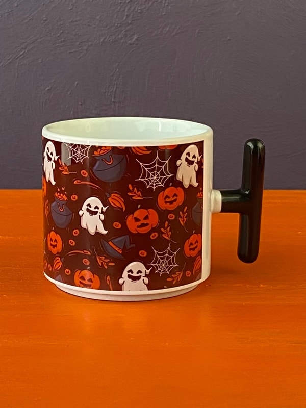 Karışık Desenli Siyah Zeminli Halloween T Kupa, Cadılar Bayramı Kupası