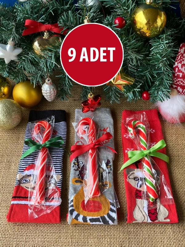 9 Adet Baston Şekerli Çorap, Yeni Yıl Hediyesi, Yılbaşı Hediyesi, Baston Şeker, Yılbaşı Çorabı