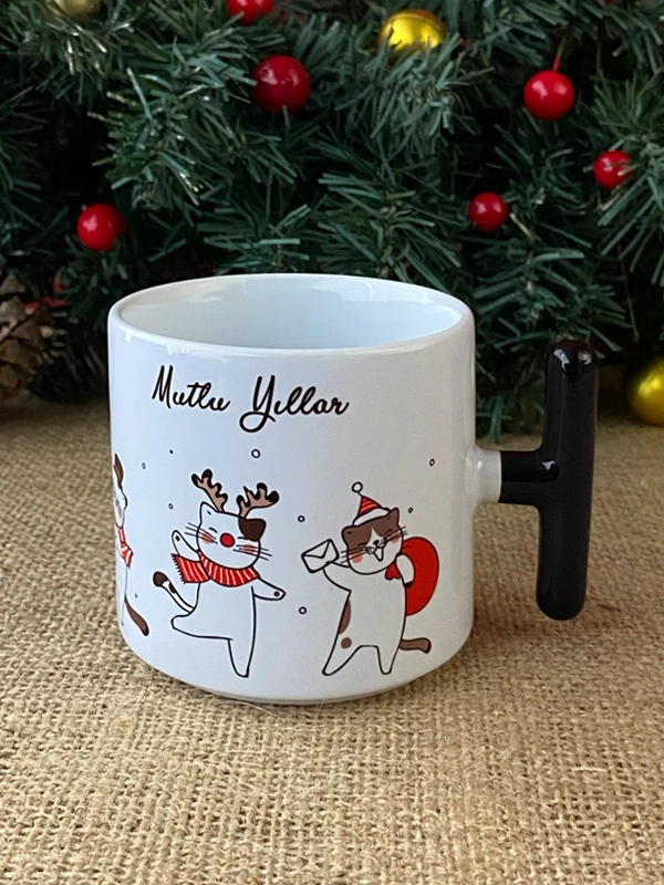 Yılbaşına Özel Kedili Kupa, Porselen T Kupa, Kedi Sevenlere, Yeni Yıl Hediyesi